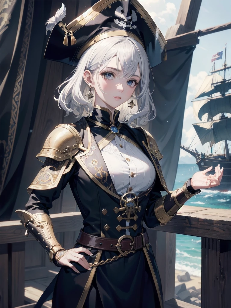 absurdres, RAW photo, extremely delicate and beautiful, masterpiece, Best Quality, ultra high resolution, 32k, hyperrealistic, ultra-detailed, perfect figure, detailed description, pale skin, 20 years old, detailed beautiful face and eyes, tearful mole, earring, short medium hair, wavy hair, full body, a heavily armored pirate, pirate captain, detailed metal armor, intricate pirate clothing, bold colors, highly detailed metal textures,