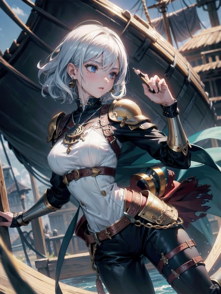 absurdres, RAW photo, extremely delicate and beautiful, masterpiece, Best Quality, ultra high resolution, 32k, hyperrealistic, ultra-detailed, perfect figure, detailed description, pale skin, 20 years old, detailed beautiful face and eyes, tearful mole, earring, short medium hair, wavy hair, full body, a heavily armored pirate, pirate captain, detailed metal armor, intricate pirate clothing, bold colors, highly detailed metal textures,