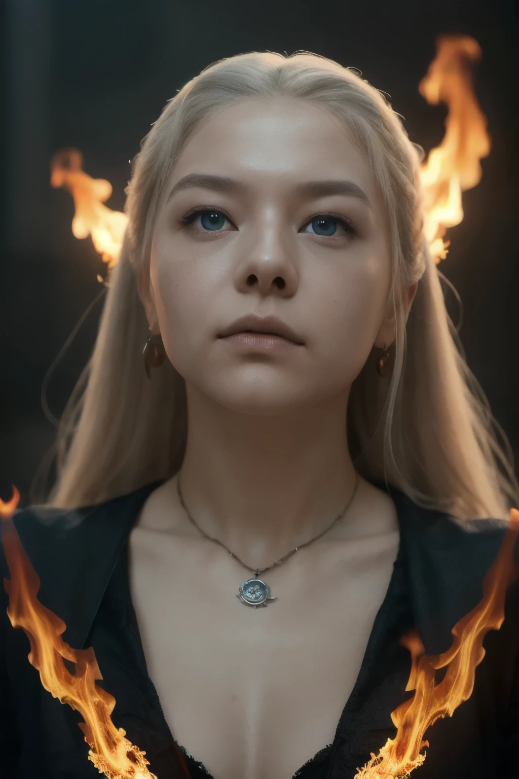 (masterpiece, best quality:1.2),  solo, (((Cinematic heavy metal poster))) of Rhaenyra Targaryen, Gothic style,  (a detailed RAW photo of a ), (master part:1.0), (best quality:1.4), (Ultra Highres:1.2), (photorealistic:1.4), 8K resolution, Canon EOS R5, 50 millimeters, Absurd, Ultra Detailed, sharp focus, Cinematic lighting, detailed face,  (ULZZANG-6500-V1.1), detailed skin texture, pale skin, chest round, (pale :0.5), Cinematic lighting. (((Abstract flames background, cinematic lighting )))