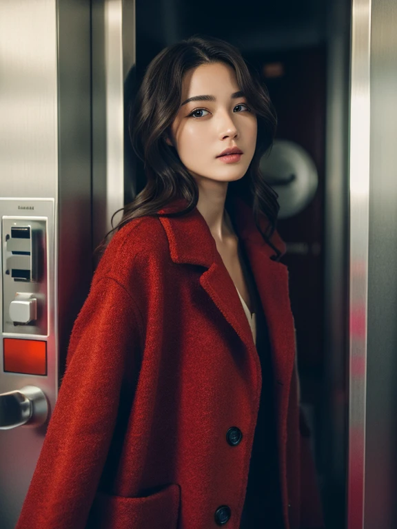 (masterpiece:1.3), (8K, Photorealsitic, Raw photography, top-quality: 1.4), (1girl in), (A pretty woman with slim figure:1.4), enigmatic beauty, stunning face, beautiful countenance, (Lifelike face), Beautiful hairstyle, Black hair, Long hair, Wavy hairstyle, realisticeyes, beautiful detail, (real looking skin), Beautiful skins, enticing, The ultra -The high-definition, A hyper-realistic, ighly detailed. Leaving elevator, Is walking. (Red long woolen coat #(G: 30, R: 255, B: 30): 1.4), (White dress #(G: 255, R: 255, B: 255): 1.2), (Red high heel #(G: 30 R: 255, B: 30): 1.2), (Red long woolen coat #(G: 30, R: 255, B: 30): 1.4). Background: (the elevator hall has skin-tone marble wall #(G: 218, R: 255, B: 182): 1.3), inside the elevator is warm light
