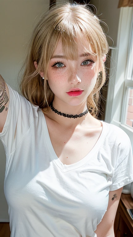 1 girl, Wink, blonde, freckles, Arm tattoo, Plain white T-shirt, choker, Natural light, Selfie
