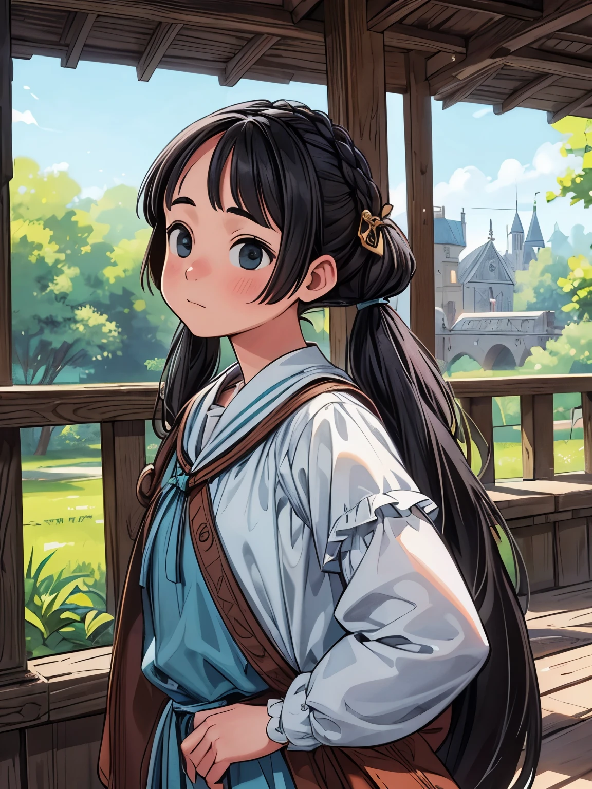 (masterpiece、highest quality、highest quality、Official Art、Beautiful and beautiful:1.2)、(One girl:1.3)Hatsune Miku、Twin tails,Big Breasts,Paris, 1559. Young people ((((18-year-old)) Sylvie Parrott)), Courageous, Resilient, Decided, Outdoor, ((((Simple clothing of the 1550s)))), ((Hairstyle of black people in the 1550s)), colorful, Realistic