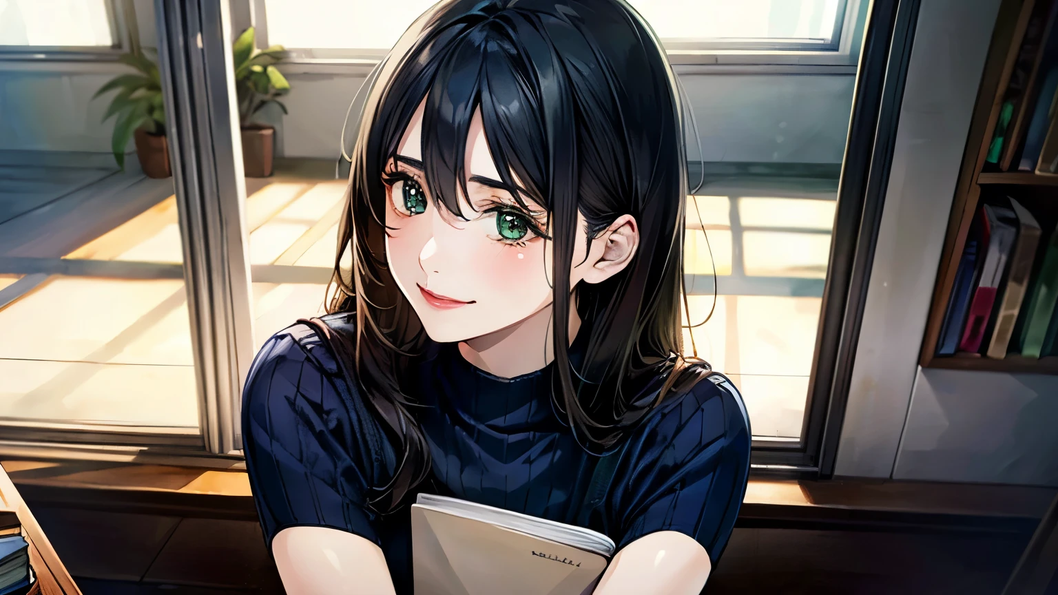 (masterpiece:1.3, highest quality, Ultra-high resolution, Super detailed), (Realistic, photoRealistic:1.4), Beautiful illustrations, Perfect lighting, Natural light, colorful, Depth of written boundary,
View Viewer, whole body, Front view:0.6, 1 girl, 日Book語, office lady, 19 years old, Perfect Face, (Perfect Anatomy), Cute and symmetrical face, Baby Face, Shiny skin, ,
(Long Hair:1.7, Straight hair:1.2, Black Hair), Hair between the eyes, Emerald green eyes, Long Eyelashes, (Big Breasts:0.8), mini skirt,Bookを持っている,
Beautiful Hair, Beautiful Face, Beautiful fine details, Beautiful clavicle, Beautiful body, Beautiful breasts, Beautiful thighs, Beautiful feet, Beautiful fingers,
((Short sleeve navy high neck sweater), ID card),
(Beautiful views), Daytime, (Office Lounge),, (Smile, Half an eye, Lips parted),Bookを持っている,whole body,mini skirt,one person,whole body,Attractive legs,Book,Bookを読む