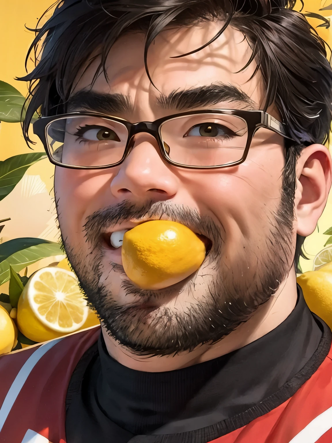 a man with glasses biting into a lemon, dynamic, strong, brave, expressive, energetic, charismatic, stylish, confident, victorious, impactful, vibrant, powerful, cool, majestic, charming, refined, competitive, steadfast, imposing, determined, exciting, smiling, humorous