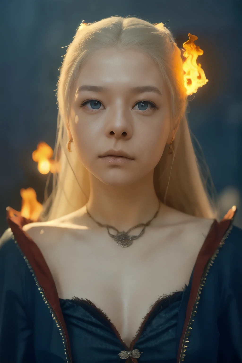 (masterpiece, best quality:1.2),  solo, (((Cinematic heavy metal poster))) of Rhaenyra Targaryen, Gothic style,  (a detailed RAW photo of a ), (master part:1.0), (best quality:1.4), (Ultra Highres:1.2), (photorealistic:1.4), 8K resolution, Canon EOS R5, 50 millimeters, Absurd, Ultra Detailed, sharp focus, Cinematic lighting, detailed face,  (ULZZANG-6500-V1.1), detailed skin texture, pale skin, chest round, (pale :0.5), Cinematic lighting. (((Abstract flames background, cinematic lighting )))