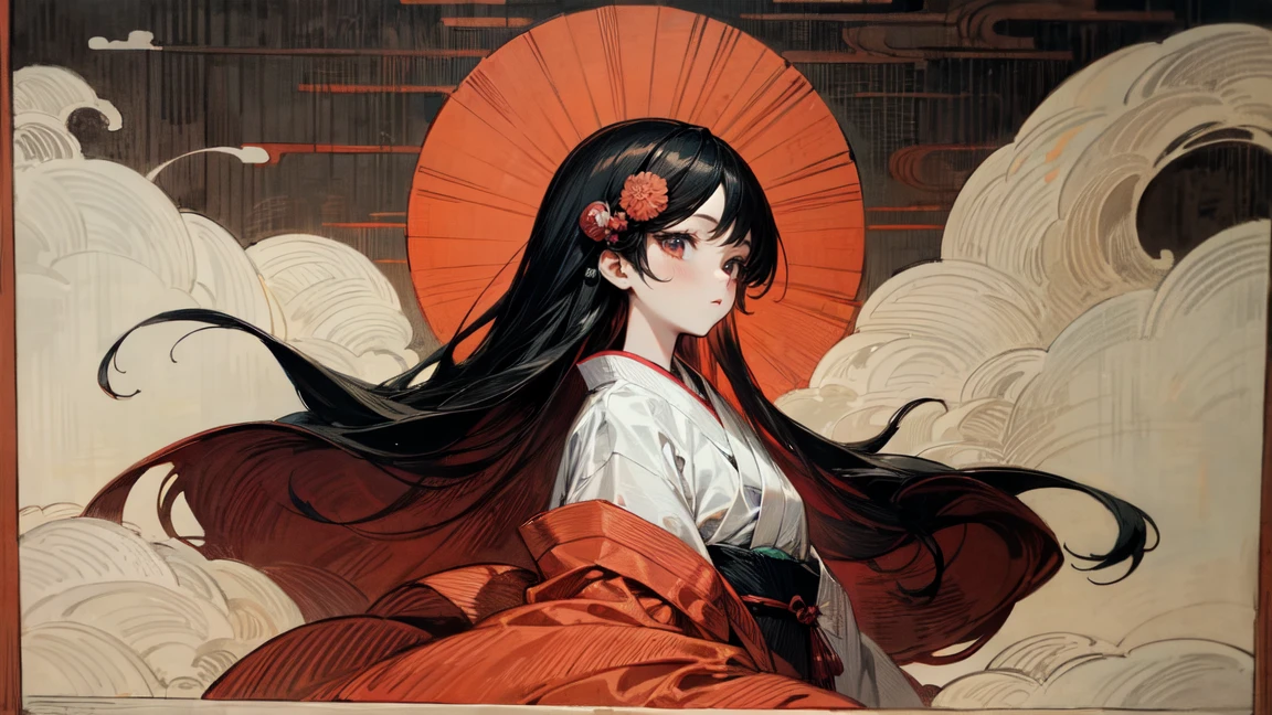 A mysterious and serene Japanese-style art piece featuring a woman with long black hair and red eyes, dressed in traditional Japanese clothing. She has traditional hair ornaments in her hair. The background includes ukiyo-e style waves, a red sun, and white clouds. The overall color scheme is vibrant with a contrast between dark and bright tones, showcasing intricate details that reflect traditional Japanese aesthetics.