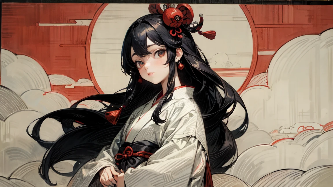 A mysterious and serene Japanese-style art piece featuring a woman with long black hair and red eyes, dressed in traditional Japanese clothing. She has traditional hair ornaments in her hair. The background includes ukiyo-e style waves, a red sun, and white clouds. The overall color scheme is vibrant with a contrast between dark and bright tones, showcasing intricate details that reflect traditional Japanese aesthetics.