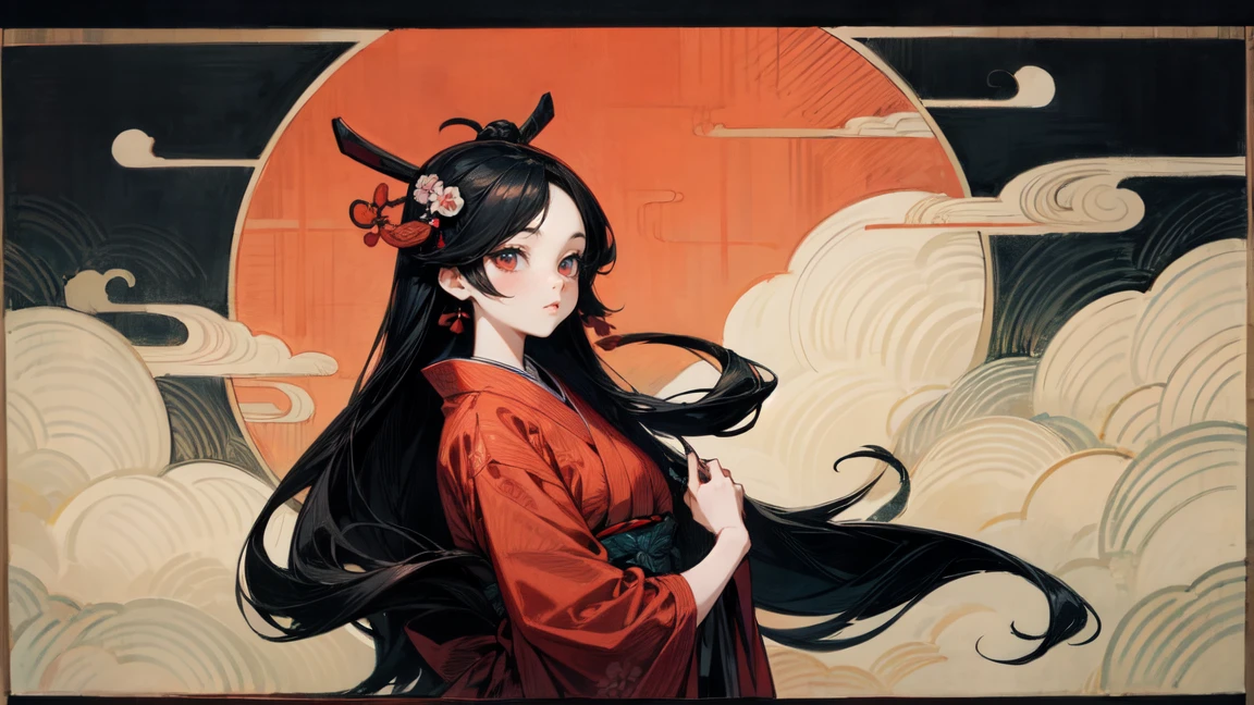 A mysterious and serene Japanese-style art piece featuring a woman with long black hair and red eyes, dressed in traditional Japanese clothing. She has traditional hair ornaments in her hair. The background includes ukiyo-e style waves, a red sun, and white clouds. The overall color scheme is vibrant with a contrast between dark and bright tones, showcasing intricate details that reflect traditional Japanese aesthetics.