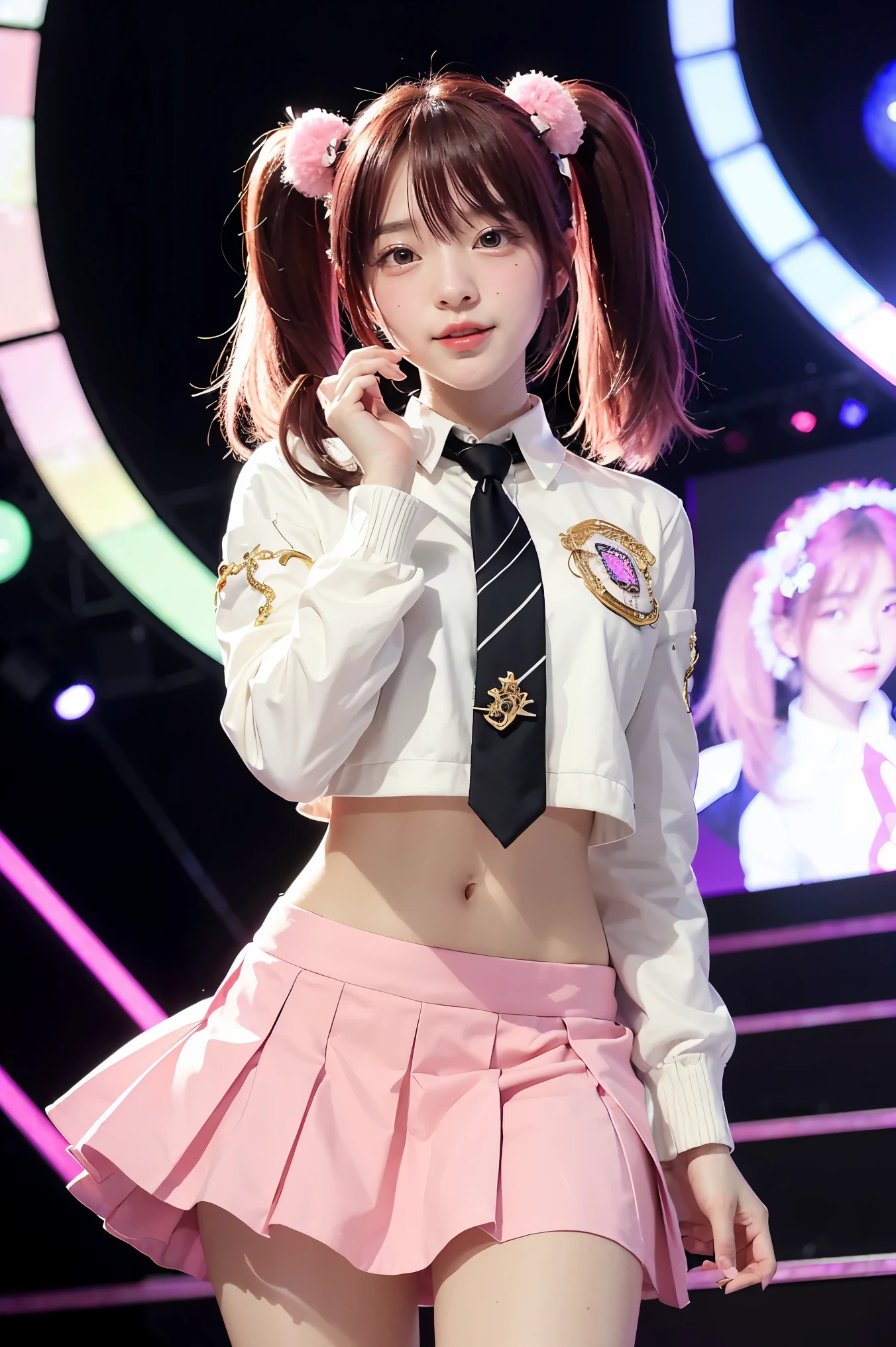 masterpiece、1 Beautiful Girl、A detailed face、A detailed eye、Detailed skin、Detailed hand、top-quality、Illuminated from the front with bright lighting、profetional lighting、Facing straight ahead、The background is a little blurry、The costumes are idol costumes like AKB48(Check short skirt、Jacket feather hair ornament、Cute tie)、Amazing smile、Background above live stage(Dancing)、
Some parts of the costume and hair ornament are pink、
Hairstyle is Twintails、
Age is 21 years old、
The right arm is spread wide、
The color of the eyeball is black、