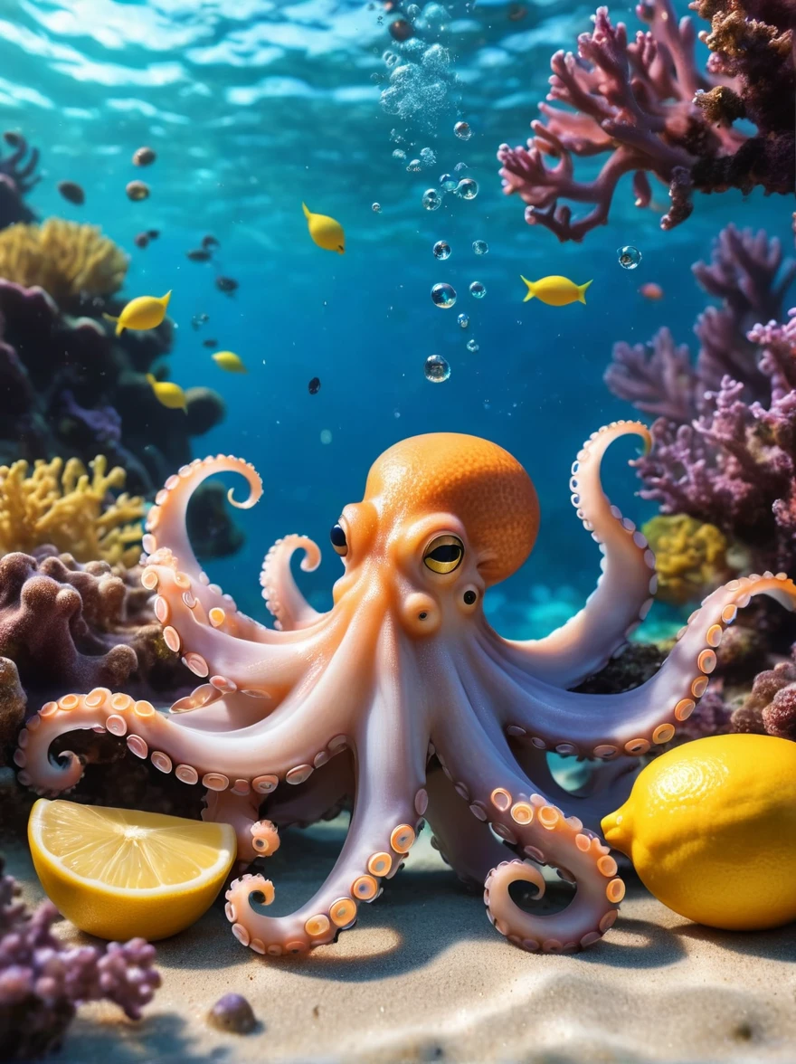 (Medium shot:1.3),Cute octopus on underwater square,(Octopus holding a lemon with multiple tentacles:1.5),(Expressing a very sour reaction),Sour expression,Vivid underwater scenery,Coral Reef,Fish swimming in the background,bubble,Clear water,Clear focus,Physically Based Rendering,Extremely detailed description,major,Vibrant colors,Bokeh,Underwater Photography