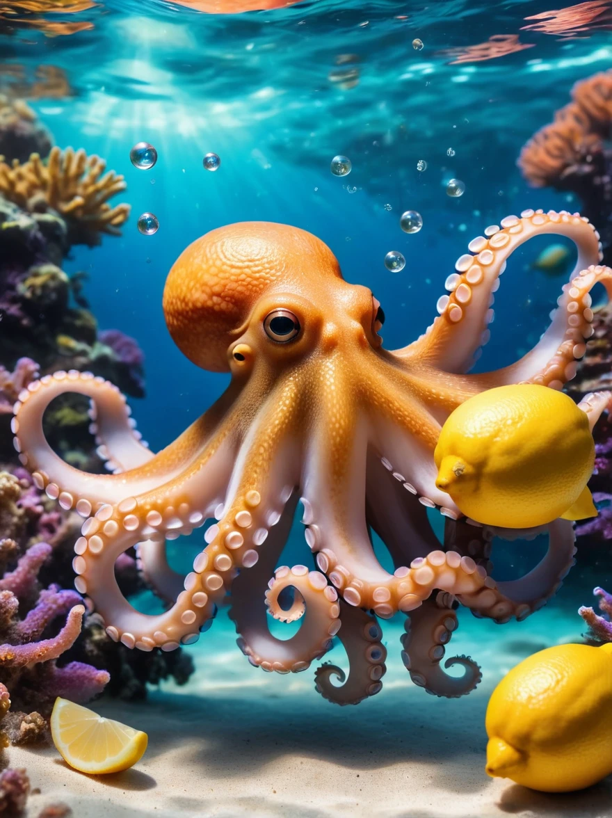 (Medium shot:1.3),Cute octopus on underwater square,(Octopus holding a lemon with multiple tentacles:1.5),(Expressing a very sour reaction),Sour expression,Vivid underwater scenery,Coral Reef,Fish swimming in the background,bubble,Clear water,Clear focus,Physically Based Rendering,Extremely detailed description,major,Vibrant colors,Bokeh,Underwater Photography