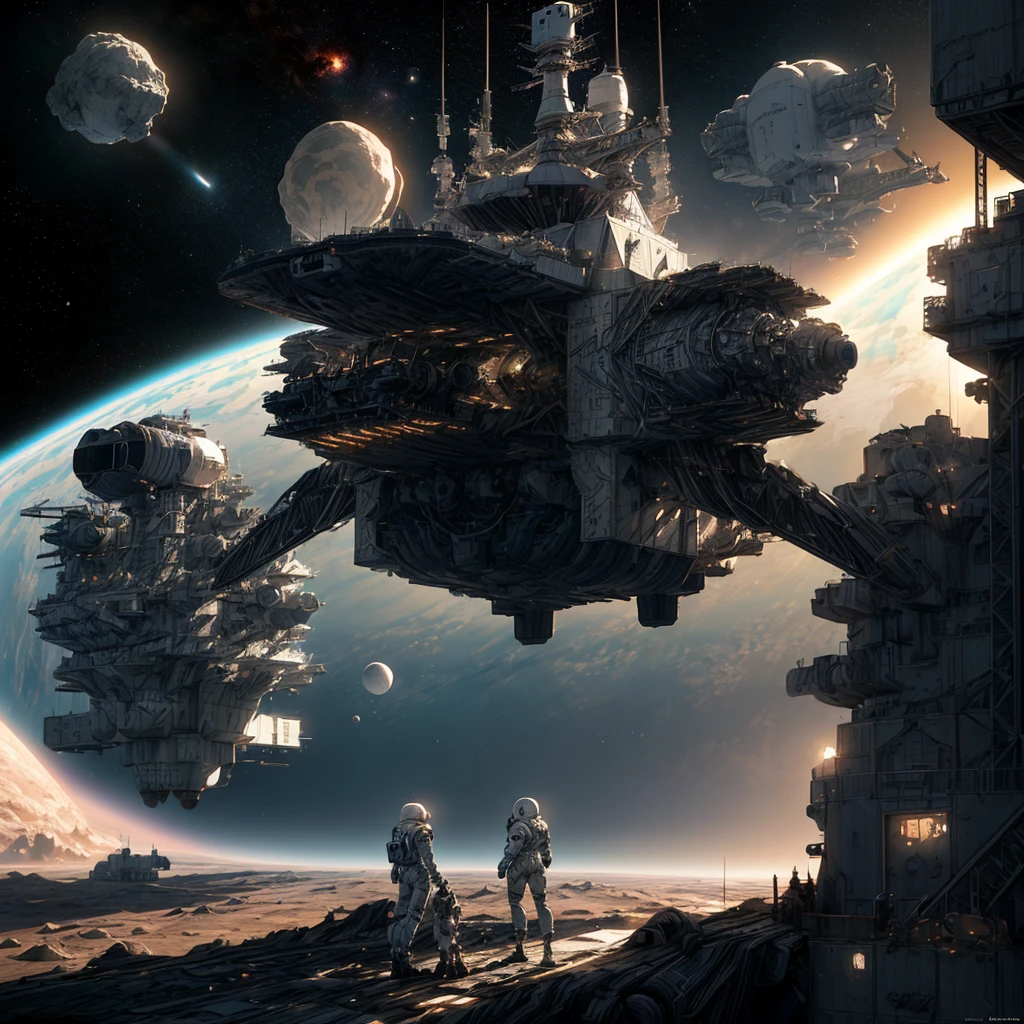 Masterpiece, best quality, (highly detailed CG unity 8k wallpaper), (best quality), (best illustration), (best shadows), isometric 3D , octane rendering, ray tracing, highly detailed, 
Asteroid with Space pirates hidden base, with docked spaceships