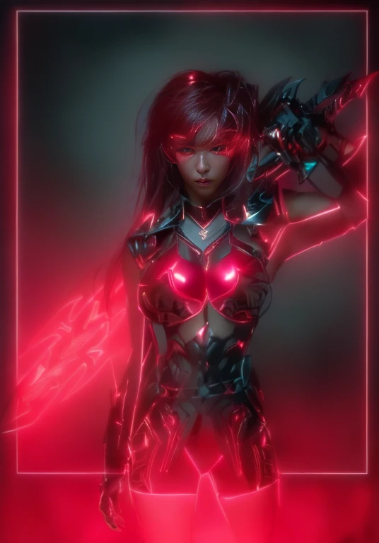 a ultra beautiful girl, with a (black techno fantasy armor) and a great sword in the back, cute, 12k, uhd, photorealistic, red decourations, (black short hairs), ((european race)), (ultra beautiful gorgeous realistic), naked belly and (naked arms), black armour, red decourations, red great sword, ((black hairs, pink skin))