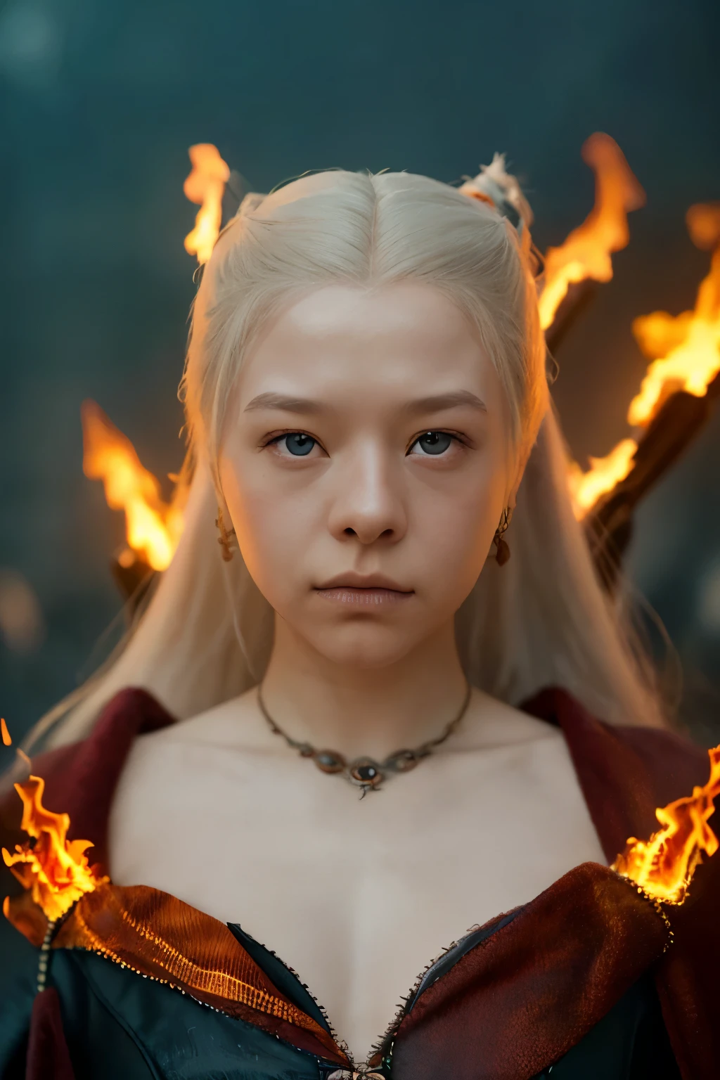 (masterpiece, best quality:1.2),  solo, (((Cinematic heavy metal poster))) of Rhaenyra Targaryen, Gothic style,  (a detailed RAW photo of a ), (master part:1.0), (best quality:1.4), (Ultra Highres:1.2), (photorealistic:1.4), 8K resolution, Canon EOS R5, 50 millimeters, Absurd, Ultra Detailed, sharp focus, Cinematic lighting, detailed face,  (ULZZANG-6500-V1.1), detailed skin texture, pale skin, chest round, (pale :0.5), Cinematic lighting. (((Abstract flames background, cinematic lighting )))