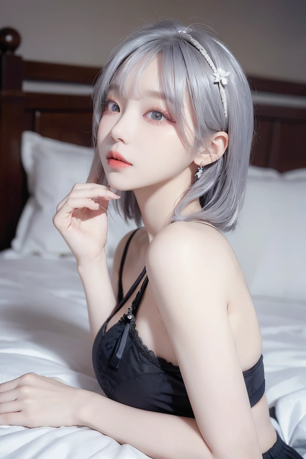 Best image quality, RAW photo, super high resolution, taken from the side, gentle smile,  Korean, big breasts, tie, ribbon , fair skin, shiny white skin, short bob, bright silver hair, bright gray hair, neatly aligned bangs, beautiful eyes, beautiful eyes of random colors, very thin lips, beautiful eyes with details, Elongated eyes, pale pink blush, long eyelashes, beautiful double eyelids, eyeshadow, earrings, black lace underwear, on the bed,