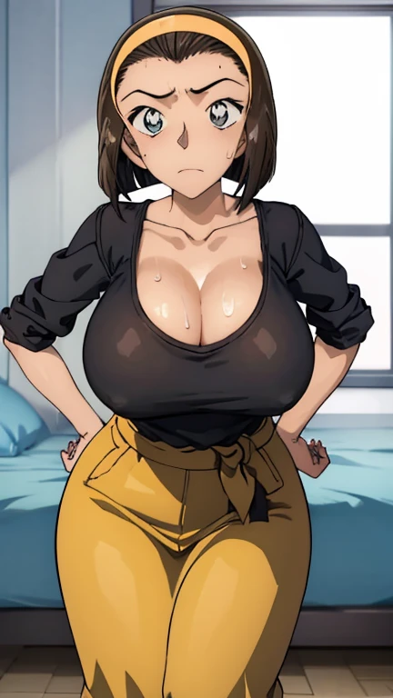 Looking into the camera、When I Look at You、lookatviewer、Anime Style、Eroge、1 girl,  (Huge long breasts:1.5), (((Beige short sleeve round neck knit vertical sweater、Black long maxi tight skirt、Cleavage)))、Low Angle、Brown haired, hair band、Bob Hair、The forehead is visible、blush,Round Breasts、(Sweat:1.5)、In the heat、moisture、Hotel Rooms、Stand with hands on hips