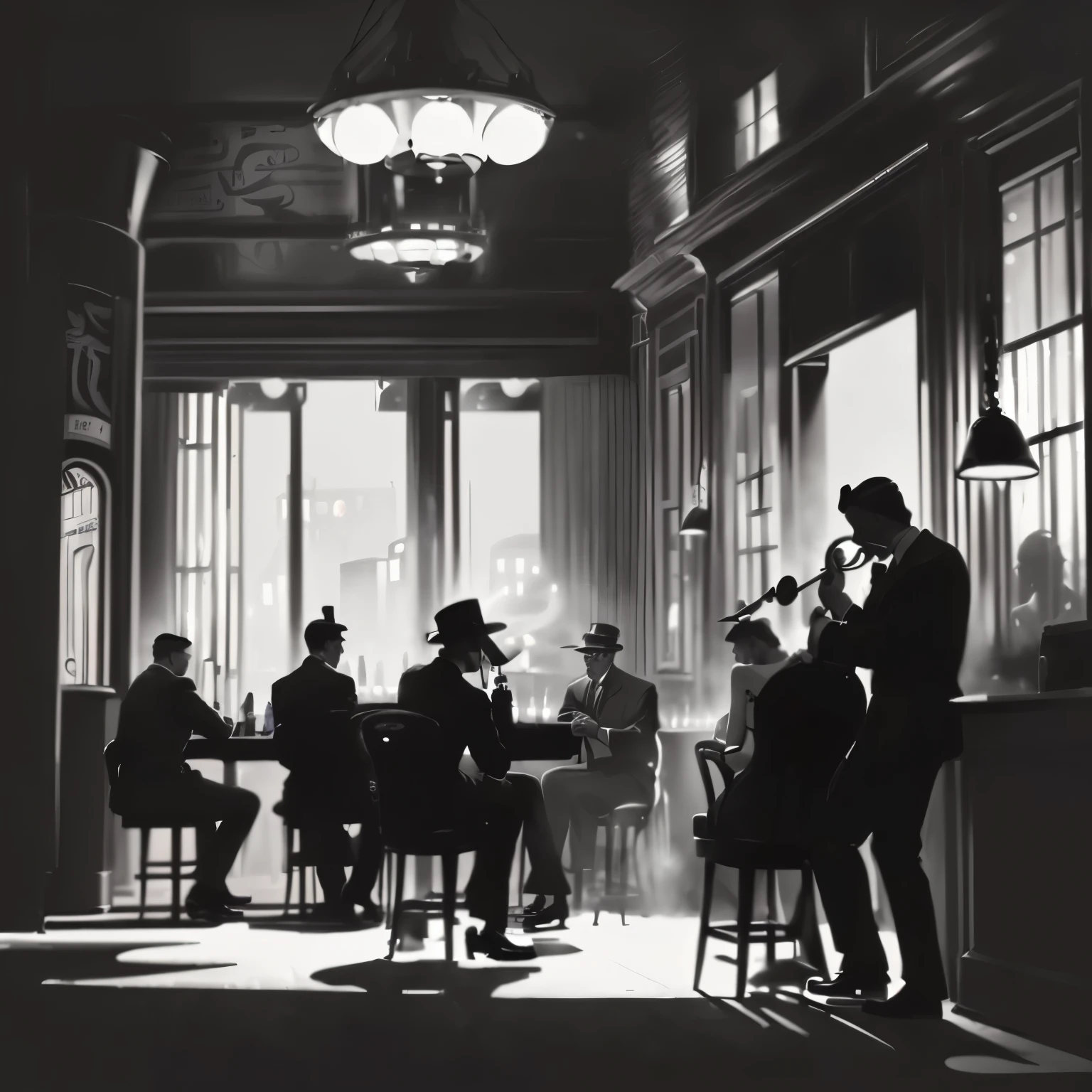 People sitting at a restaurant table and playing musical instruments々There are, film noir jazz bar, More about Sky Jazz Cafe, 1 9 3 0 S Jazz Club, jazz quintet, Bar illustration/Lounge, Written in a neo-noir style, Very smoky Parisian bar, Thomas Dalziel, lari pitman, Nighthawks