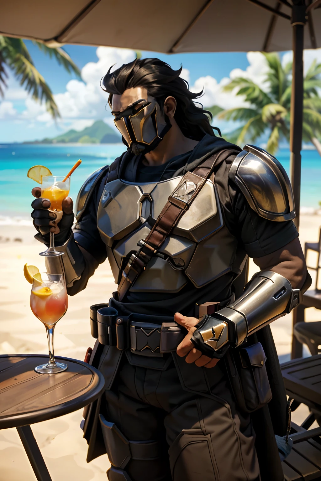 ((ultra detallado, obra maestra, absurdos)) ((mauga_overwatch))
 StarWMandalorian, 1 chico, cara, casco en la mesa, guantes, holding cocktail glass, cocktail, Resort tropical, luz solar