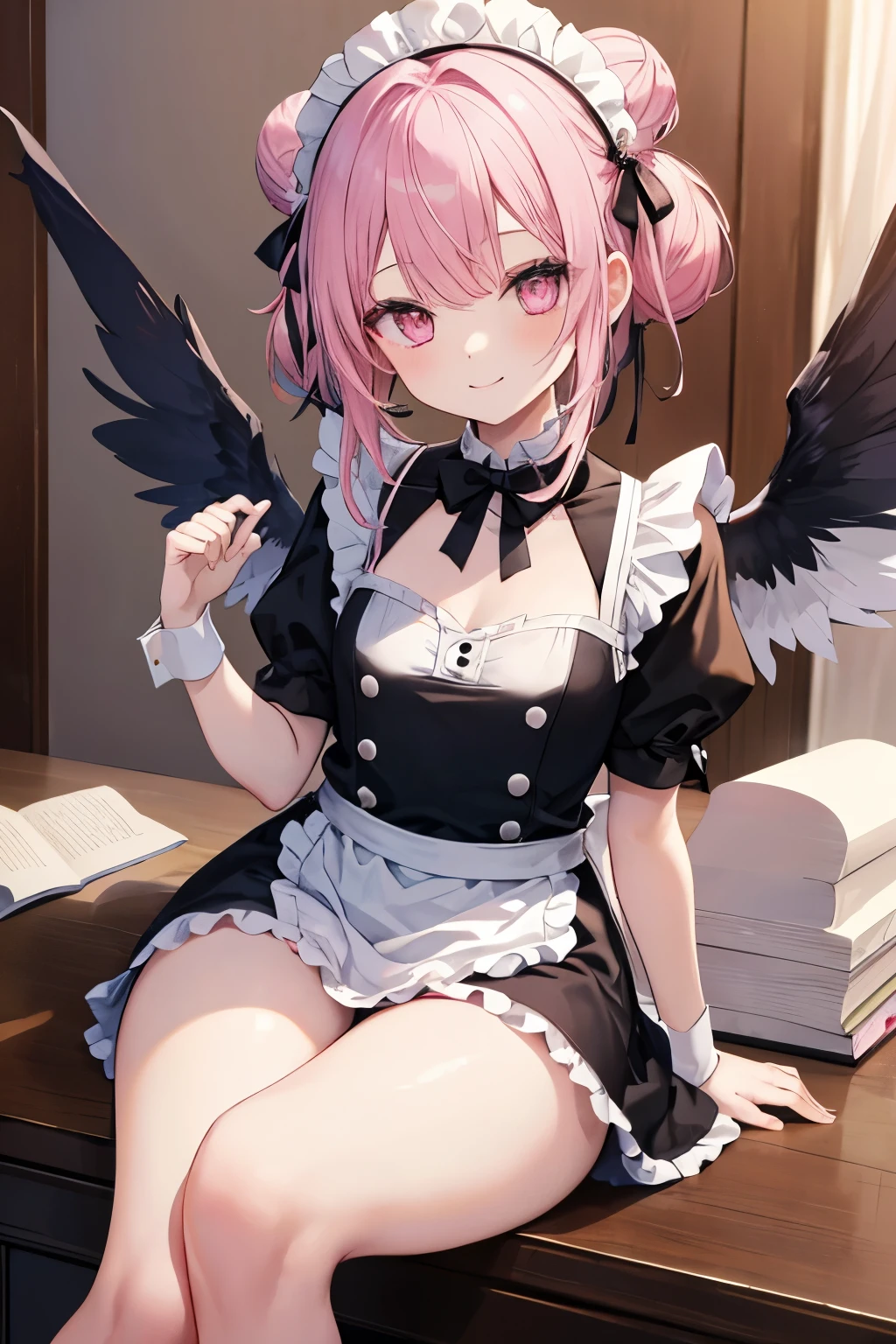 Pink Hair, Pink Eyes、girl、Small breasts、Hair Bun、girl、Small breasts、Bright smile、Looks about 15 years old、Petan Musume、He is short、Angel wings growing、Eye highlights、Sexy thighs、Wearing maid uniform