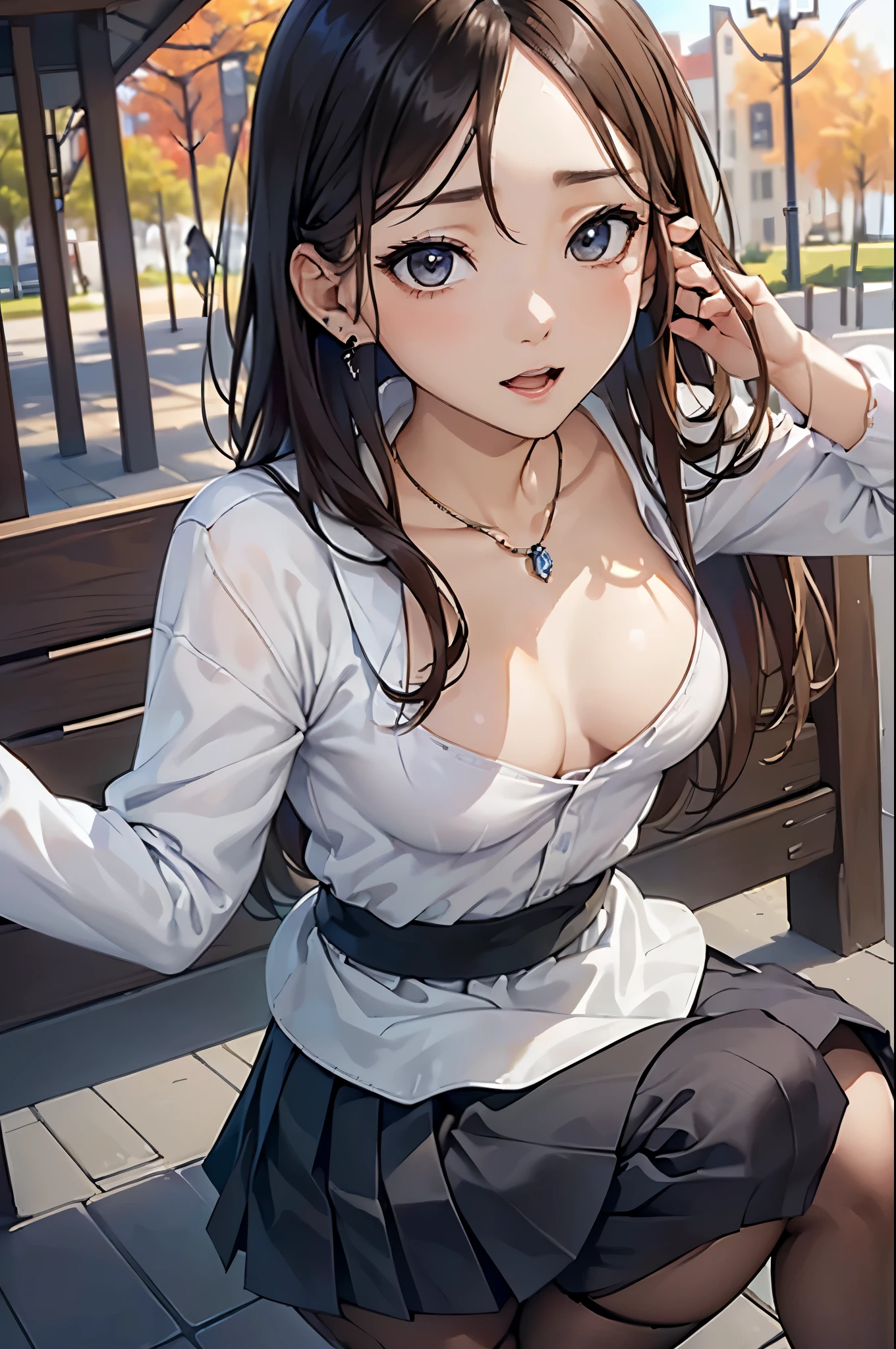 ((Biologically correct limb count))、(( From head to toe、Full-body photo including face))、4K、((Standing position))、masterpiece、((Focus on the face))、((Symmetrical facial features))、Eyes with detailed description、Beautiful woman、Excellent style、Beautiful arms、Beautiful feet、Beautiful Hands、(Small Ass、Thin thighs)、Detailed depiction of the face、Small earrings、necklace、(uniform、Skirt、High heels、stockings)、Face close-up、Surprise expression、The background is the park in the morning、Upper body close-up