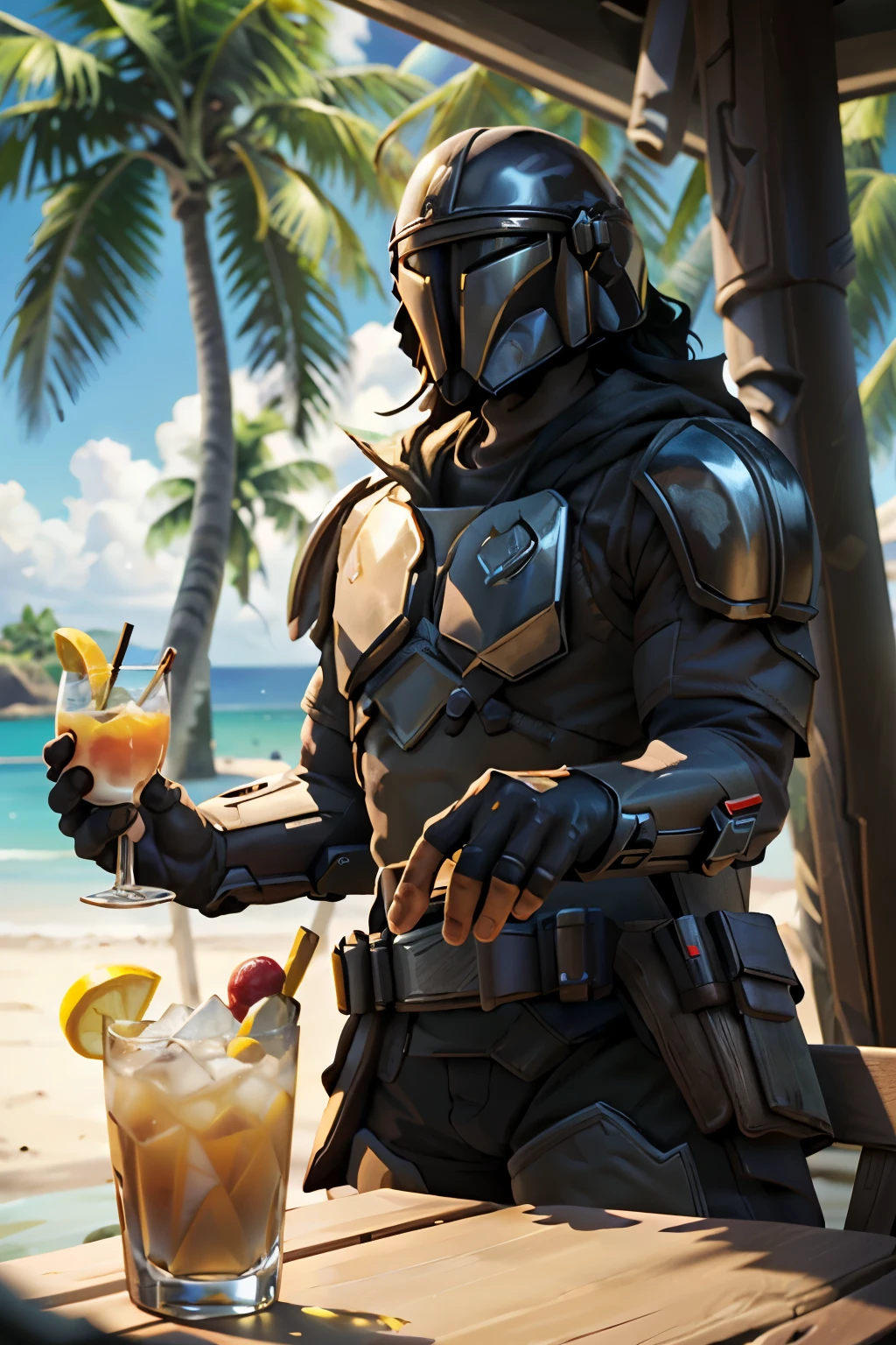 ((ultra detallado, obra maestra, absurdos)) ((mauga_overwatch))
 StarWMandalorian, 1 chico, cara, ((casco de Mandalorian sobre la mesa)), guantes, holding cocktail glass, cocktail, Resort tropical, luz solar