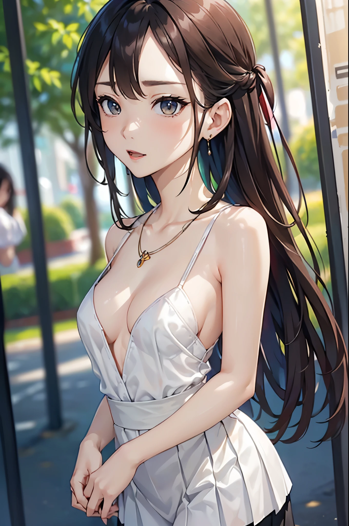 ((Biologically correct limb count))、(( From head to toe、Full-body photo including face))、4K、((Standing position))、masterpiece、((Focus on the face))、((Symmetrical facial features))、Eyes with detailed description、Beautiful woman、Excellent style、Beautiful arms、Beautiful feet、Beautiful Hands、(Small Ass、Thin thighs)、Detailed depiction of the face、Small earrings、necklace、(uniform、Skirt、High heels、stockings)、Face close-up、Surprise expression、The background is the park in the morning、Upper body close-up