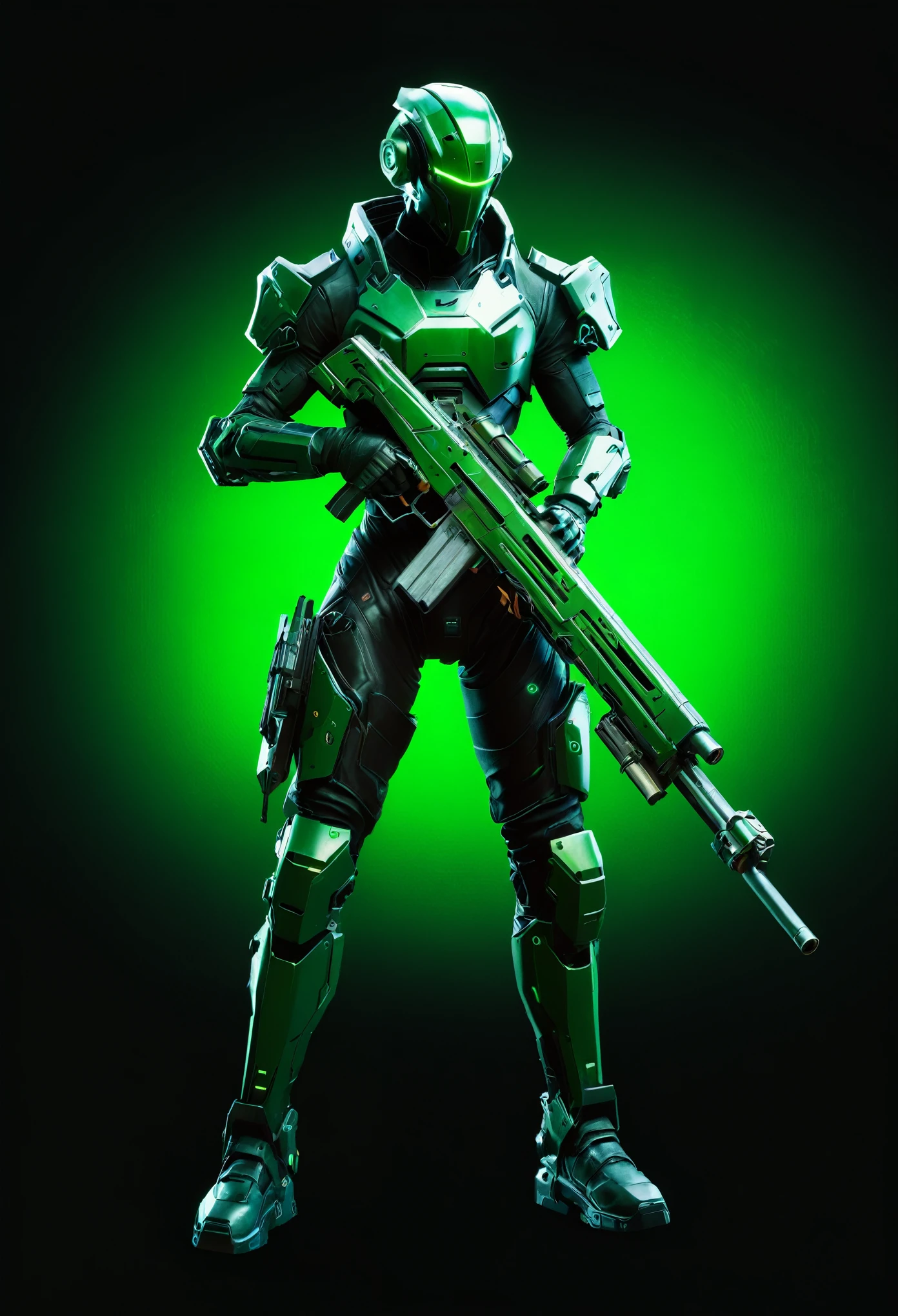 dark_fantasy, Cyberpunk, (gun, 1.1), 1 person, Mechanical wonder, exist, Cybernetic Guardian, green, 8K, Simple background