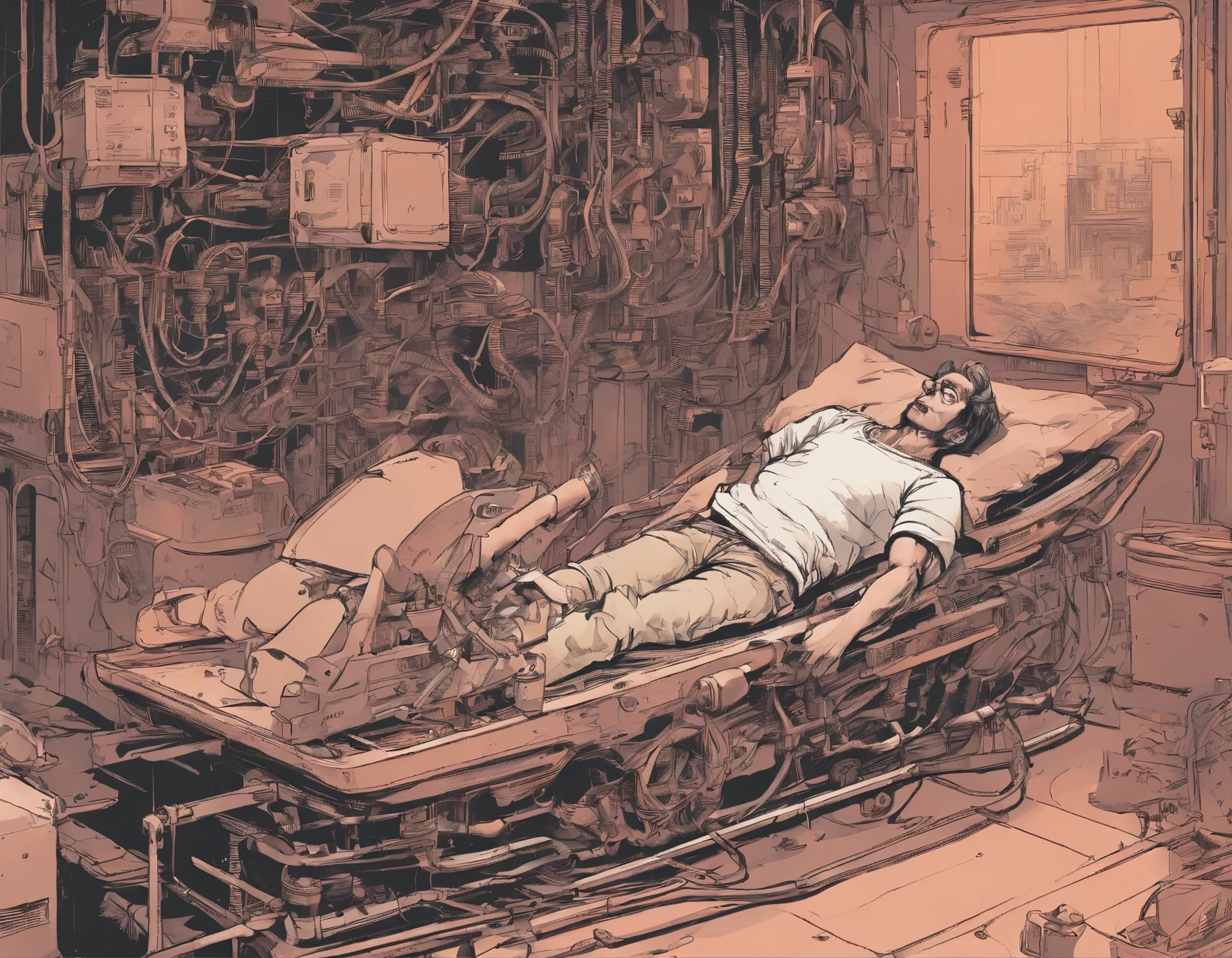 1980s anime, [a man is laying down in a seat with wires and mechanical gears attached to his body, he is maintained alive due to those wires and tubes, inspired by Moebius, in the style of futurism grotesque, exaggerated facial features, focus stacking, Jean Giraud, comic art, schizocore, radical inventions, violent, salvagepunk, dynamic graphic novel, photorealistic scenes, detailed comic book art, cartoonish lines, rtx on, captivating figures, high-contrast shading, hyper-detailed, chiaroscuro mastery, trompe-l’oeil illusionistic detail, full body intensity cinematic, epic realism,8K, highly detailed], retro fashion, muted pastel colors, washed out colors, cozy atmosphere, detailed facial features