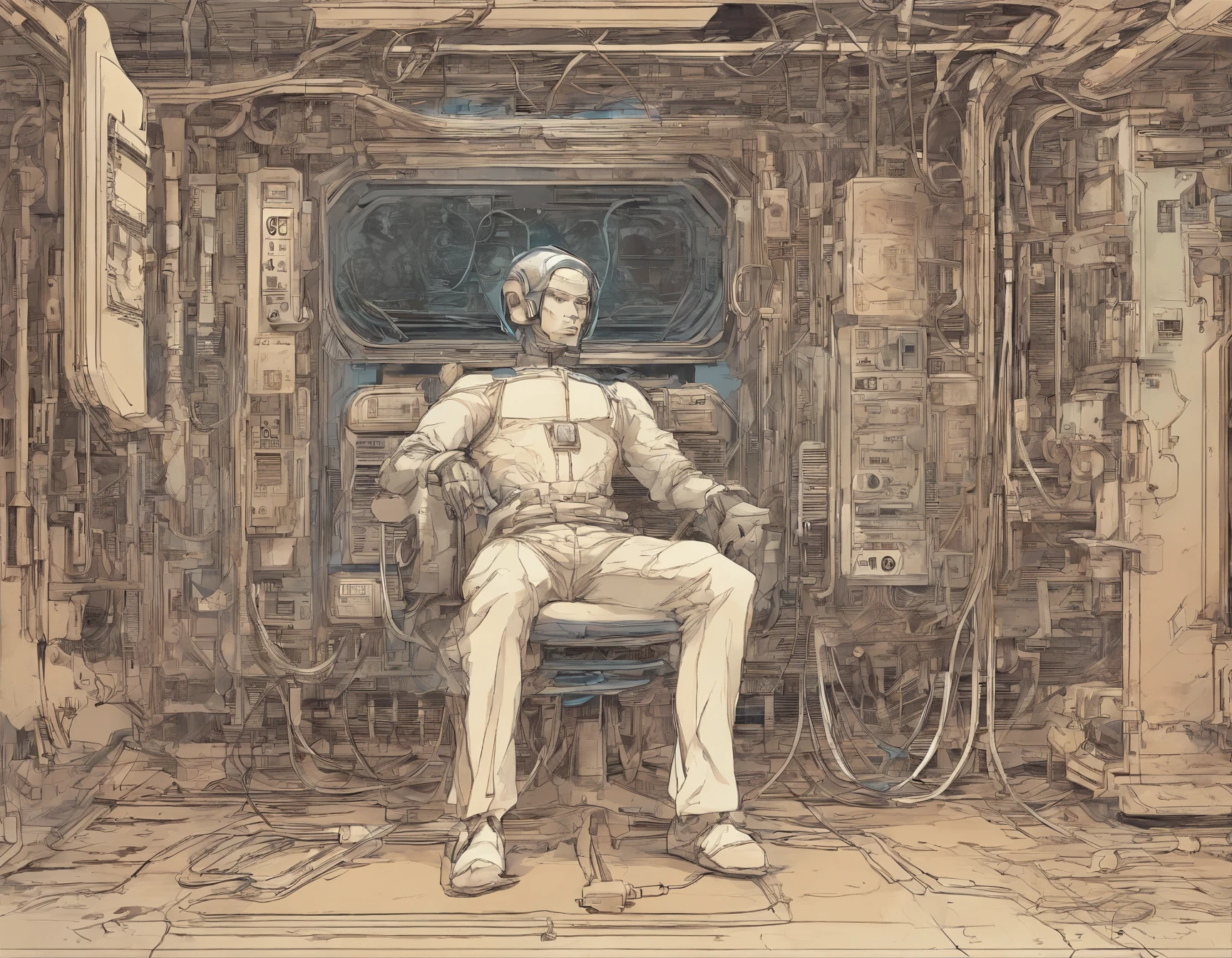 1980s anime, [a man is laying down in a seat with wires and mechanical gears attached to his body, he is maintained alive due to those wires and tubes, inspired by Moebius, in the style of futurism grotesque, exaggerated facial features, focus stacking, Jean Giraud, comic art, schizocore, radical inventions, violent, salvagepunk, dynamic graphic novel, photorealistic scenes, detailed comic book art, cartoonish lines, rtx on, captivating figures, high-contrast shading, hyper-detailed, chiaroscuro mastery, trompe-l’oeil illusionistic detail, full body intensity cinematic, epic realism,8K, highly detailed], retro fashion, muted pastel colors, washed out colors, cozy atmosphere, detailed facial features