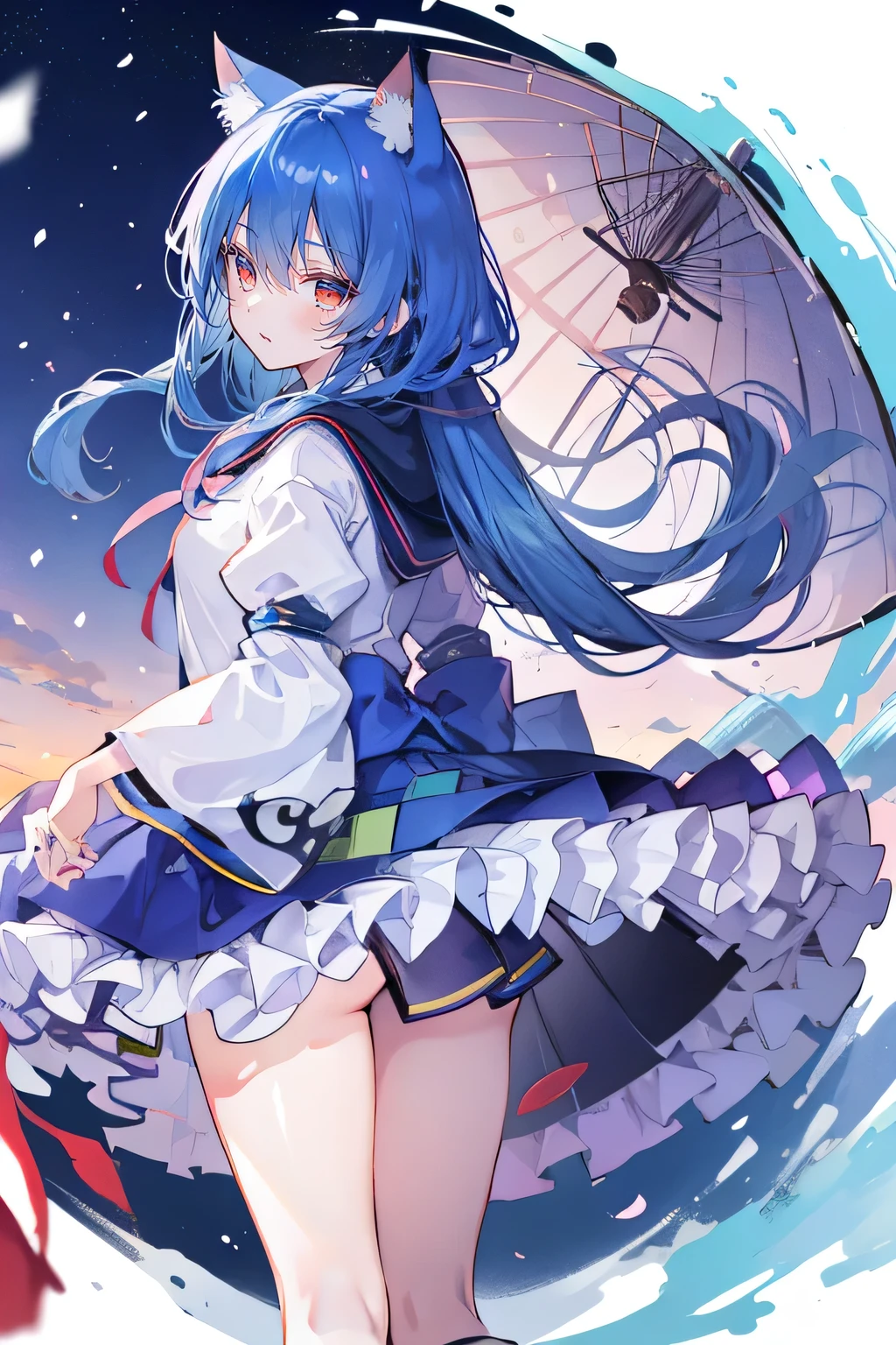 (masterpiece:1.2),Super detailed,lifelike,Expressive eyes,fair skin,perfect face shape,1 girl,
Japanese comics,Gorgeous blue hair,flowing blue hair,flowing clothes,Cat ears,Petals fall,beautiful lola,Baby Angel,sunrise,
Shaking head with one hand,Cross your legs,Gentle and peaceful background,The pavilion is cool and comfortable,smile, wearing hoodie, background of tokyo,back views,snowing, winter.