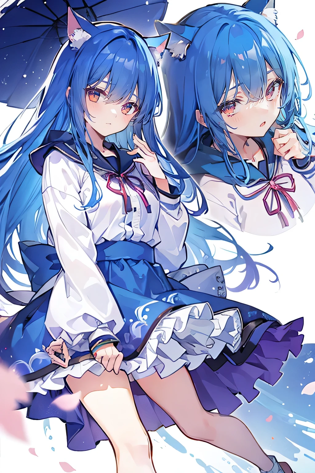 (masterpiece:1.2),Super detailed,lifelike,Expressive eyes,fair skin,perfect face shape,1 girl,
Japanese comics,Gorgeous blue hair,flowing blue hair,flowing clothes,Cat ears,Petals fall,beautiful lola,Baby Angel,sunrise,
Shaking head with one hand,Cross your legs,Gentle and peaceful background,The pavilion is cool and comfortable,smile, wearing hoodie, background of tokyo,back views,snowing, winter.