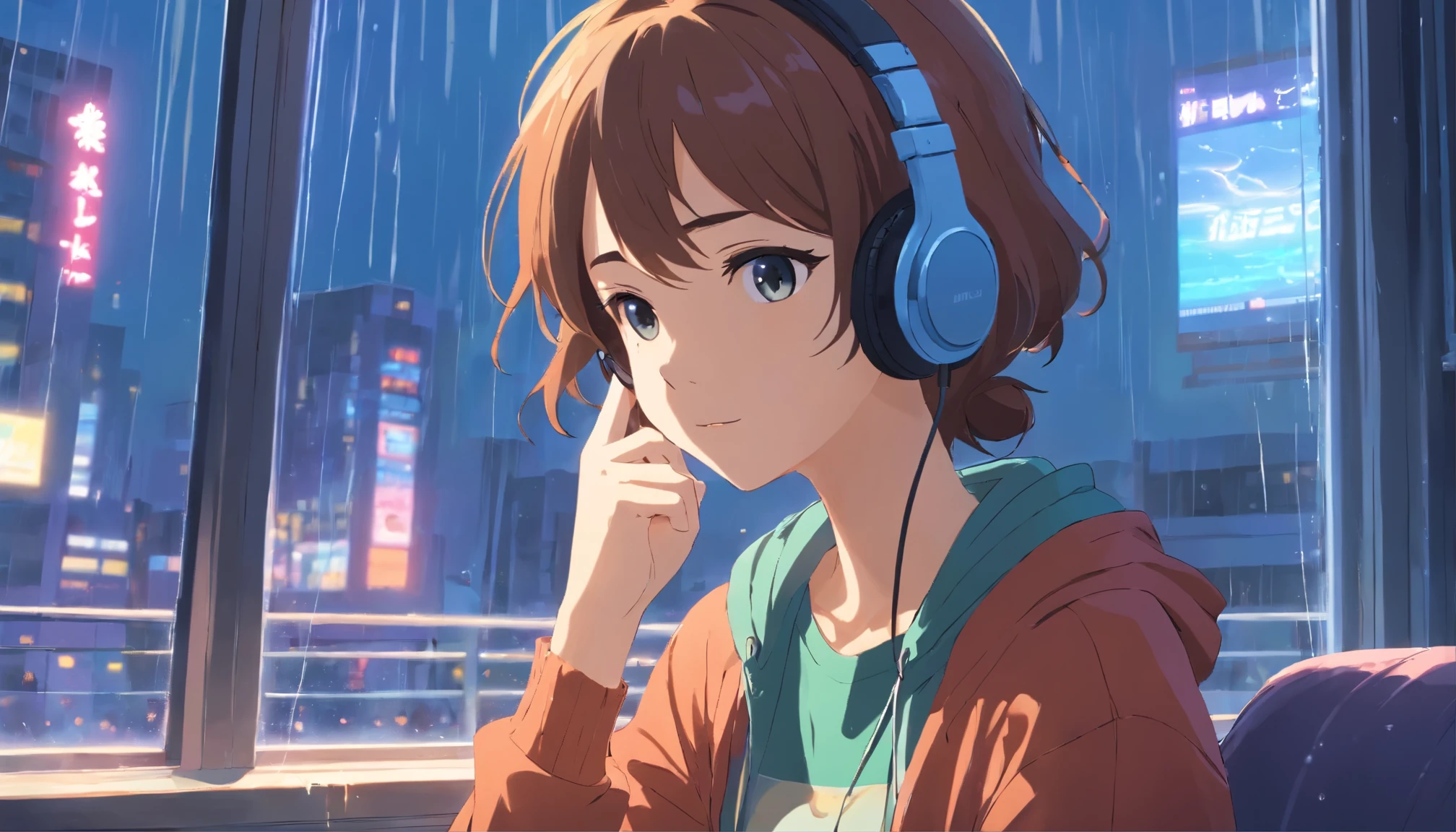 Girl listening to music with headset,She is wearing American clothes, Rain on the window. wallpaper
