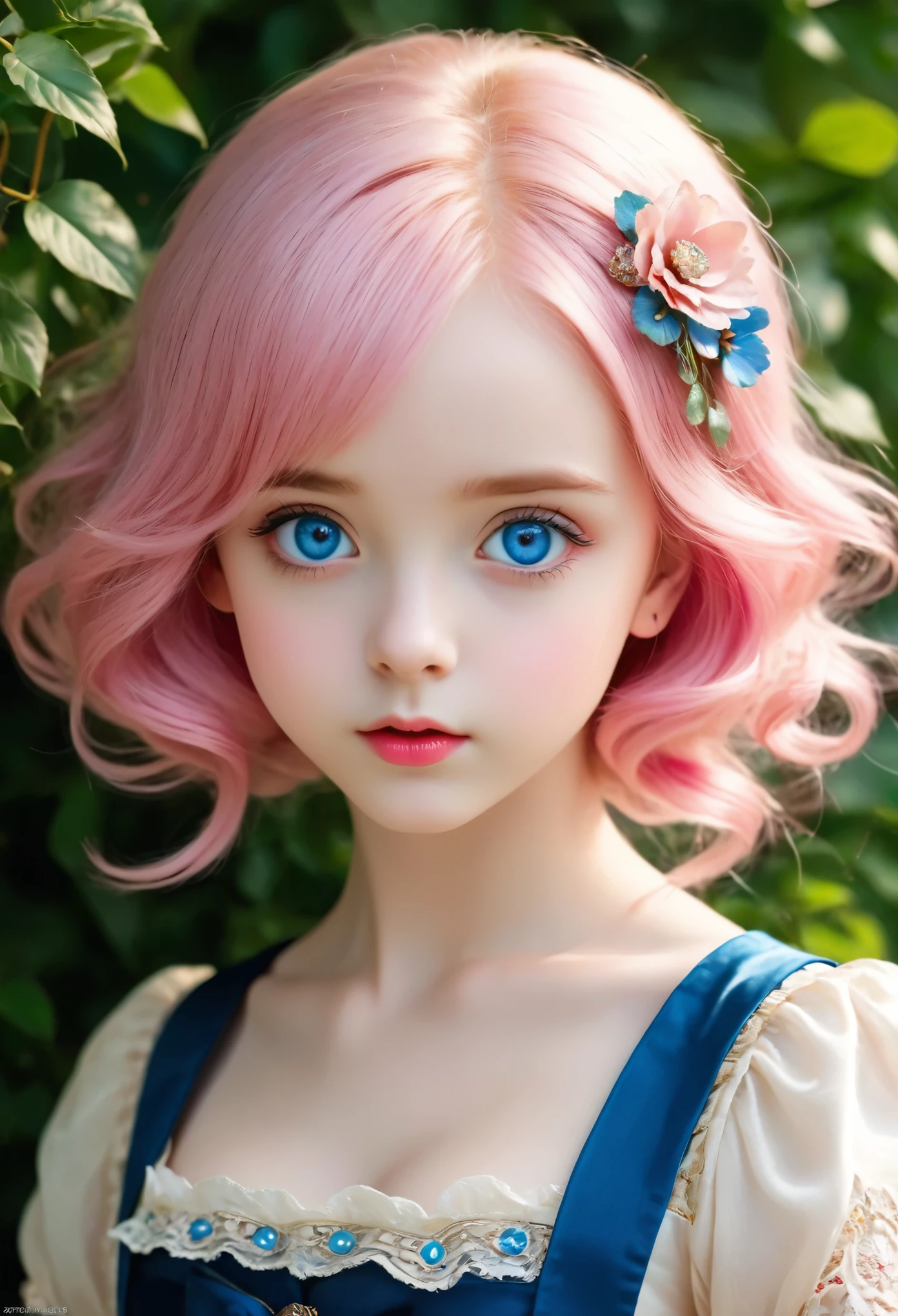 (antique style, Girl: 1.2, Pink Hair: 1.1, blue eyes: 1.1, big eyes)