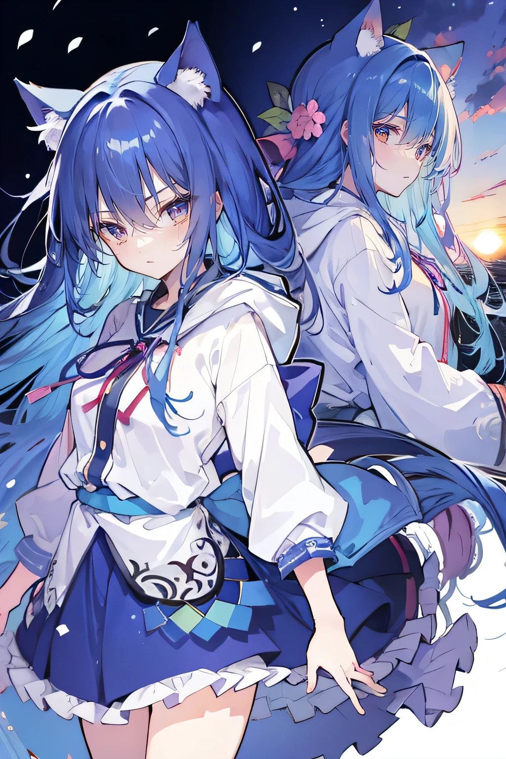 (masterpiece:1.2),Super detailed,lifelike,Expressive eyes,fair skin,perfect face shape,1 girl,
Japanese comics,Gorgeous blue hair,flowing blue hair,flowing clothes,Cat ears,Petals fall,beautiful lola,Baby Angel,sunrise,
Shaking head with one hand,Cross your legs,Gentle and peaceful background,The pavilion is cool and comfortable,smile, wearing hoodie, background of tokyo,back views,snowing, winter.
