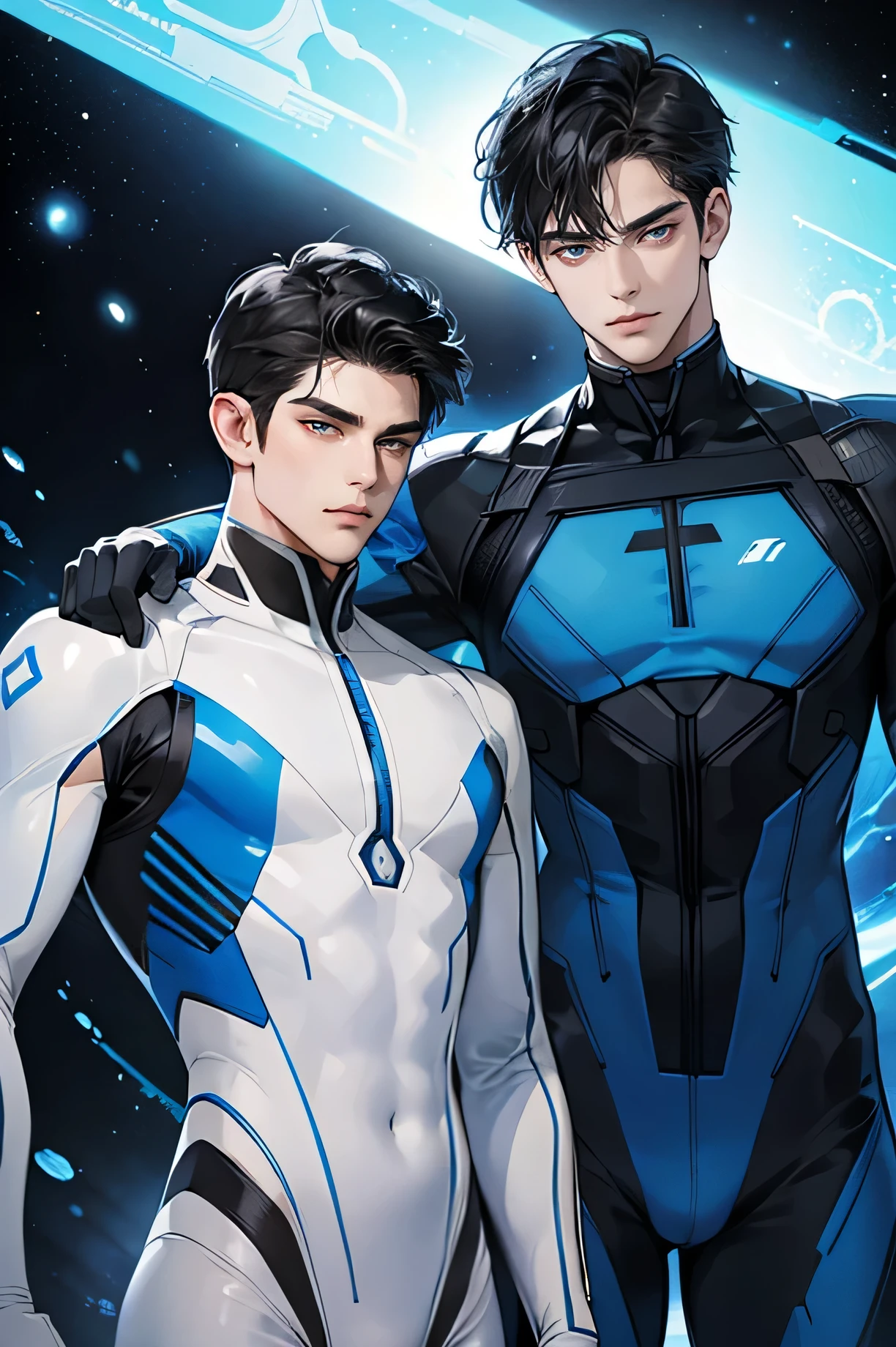 Two handsome men　Handsome 22 year old cyborg 　Very short, cropped black hair　future　universe　Science fiction　The background is the galaxy universe　A very tight white and blue rubber suit　Plug Suit　Gloves　looking at the camera　White mega bulge　Two handsome men back to back