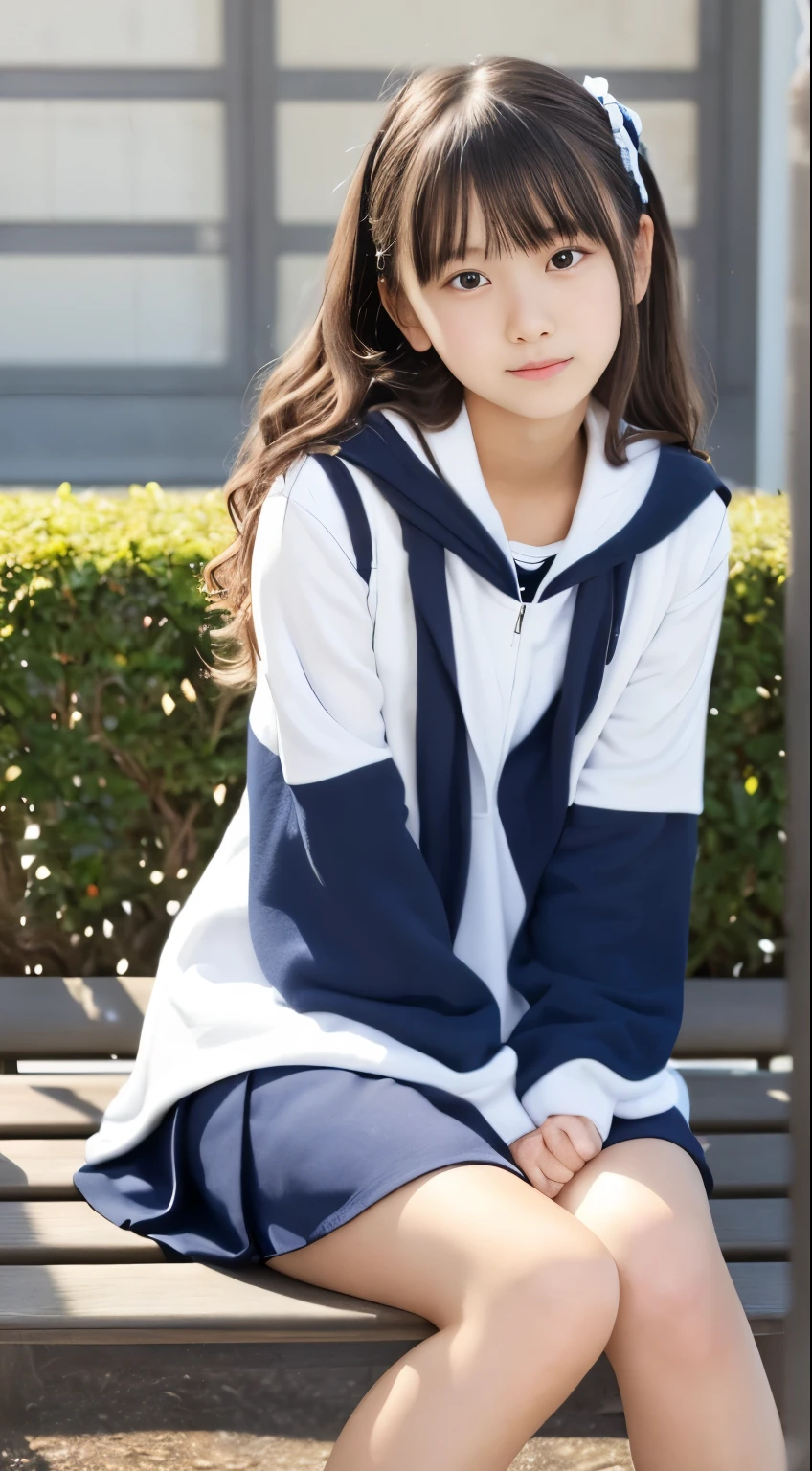 Photo quality,Masterpiece,Realistic,(Cute 16 year old Japanese sister:1.9),(Detailed young face:1.9),(Very embarrassed look:1.9),(Thin legs:1.9),(Sit on a bench and relax:1.9),(Cute high school girl outfits:1.9),((Droopy eyes:1.9)),((Body type of a 16 year old girl,Small Tits:1.9)),(Messy wavy hair:1.9),((Skinny Legs)),Very pale skin,Show your forehead,Detailed body,Detailed hands,No makeup