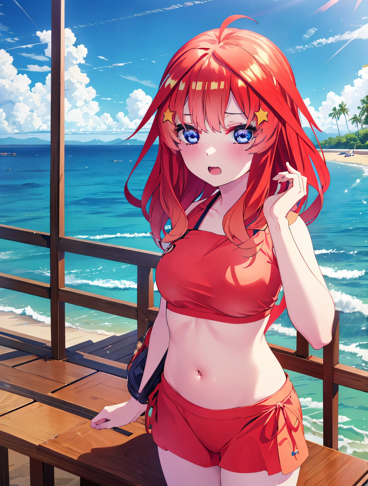 itsukinakano, Itsuki Nakano, bangs, blue eyes, Hair between the eyes, Ahoge, Redhead, star \(symbol\), hair ornaments, star hair ornamentsにっこり, smile, Open your mouth,Red Bikini,Bare Belly,A light red blanket is wrapped around his waist.,barefoot, (Beach salon),  Big Breasts,((salon)), Beach outfit,Real Summer,Palm tree,whole bodyがイラストに入るように,
break outdoors, Beach,
break looking at viewer, whole body,
break (masterpiece:1.2), highest quality, High resolution, unity 8k wallpaper, (shape:0.8), (Beautiful and beautiful eyes:1.6), Highly detailed face, Perfect lighting, Highly detailed CG, (Perfect hands, Perfect Anatomy),