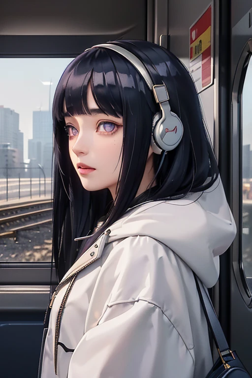 (masterpiece, sidelighting, ultra-detailed, finely detailed beautiful eyes: 1.2), 1girl, bag, building, from side, headphones, hood, hood down, hooded jacket, hoodie, jacket, long hair, dark blue hair, profile, Blunt Bangs, solo, train, train interior, upper body, Masterpiece, best quality, purple eyes
