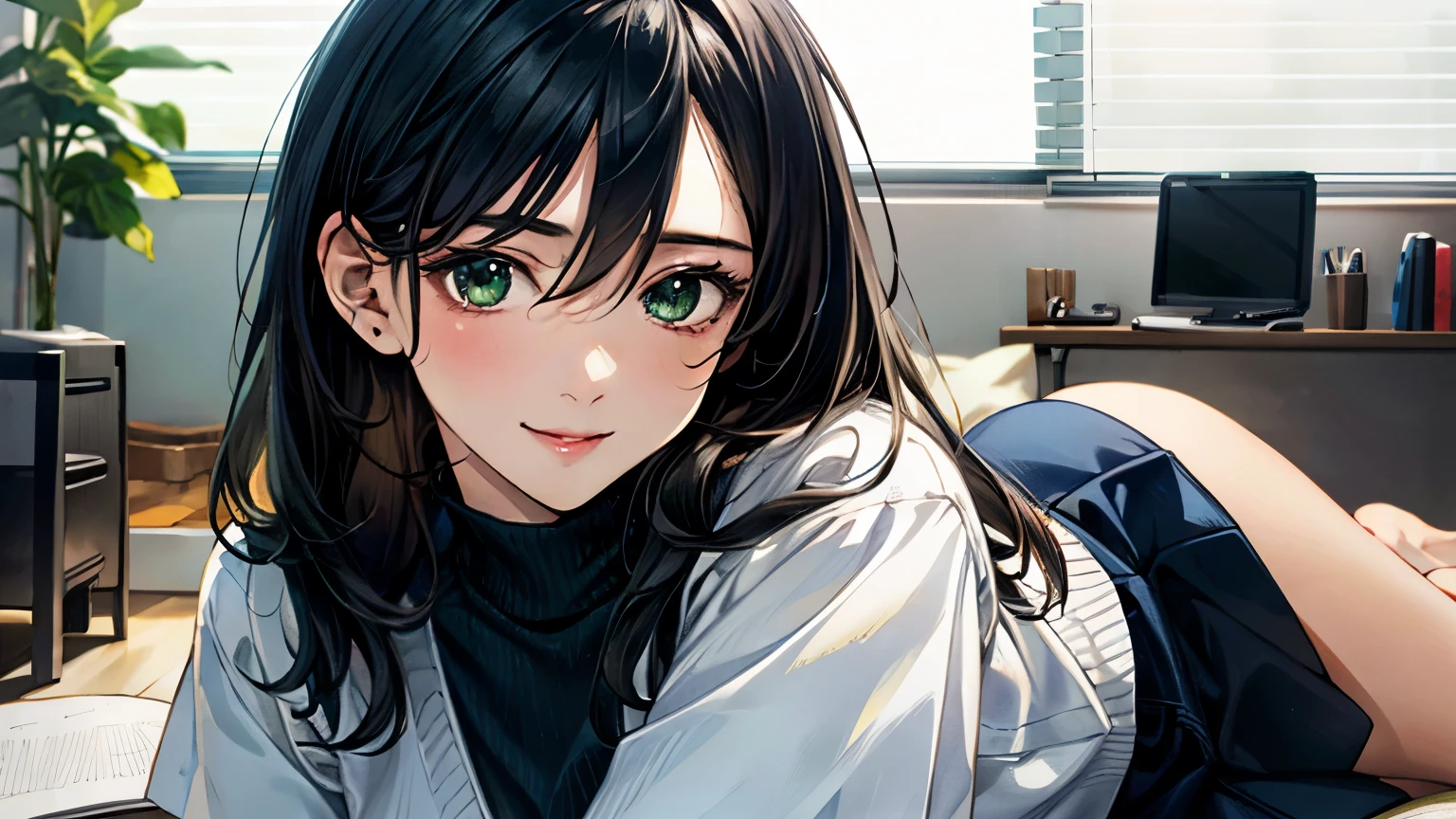 (masterpiece:1.3, highest quality, Ultra-high resolution, Super detailed), (Realistic, photoRealistic:1.4), Beautiful illustrations, Perfect lighting, Natural light, colorful, Depth of written boundary,
View Viewer, whole body, Front view:0.6, 1 girl, 日Book語, office lady, 19 years old, Perfect Face, (Perfect Anatomy), Cute and symmetrical face, Baby Face, Shiny skin, ,
(Long Hair:1.7, Straight hair:1.2, Black Hair), Hair between the eyes, Emerald green eyes, Long Eyelashes, (Big Breasts:0.8), mini skirt,Bookを持っている,
Beautiful Hair, Beautiful Face, Beautiful fine details, Beautiful clavicle, Beautiful body, Beautiful breasts, Beautiful thighs, Beautiful feet, Beautiful fingers,
((Short sleeve navy high neck sweater), ID card),
(Beautiful views), Daytime, (Office Lounge),, (Smile, Half an eye, Lips parted),Bookを持っている,whole body,mini skirt,one person,whole body,Attractive legs,Book,Book,whole body,Attractive legs
