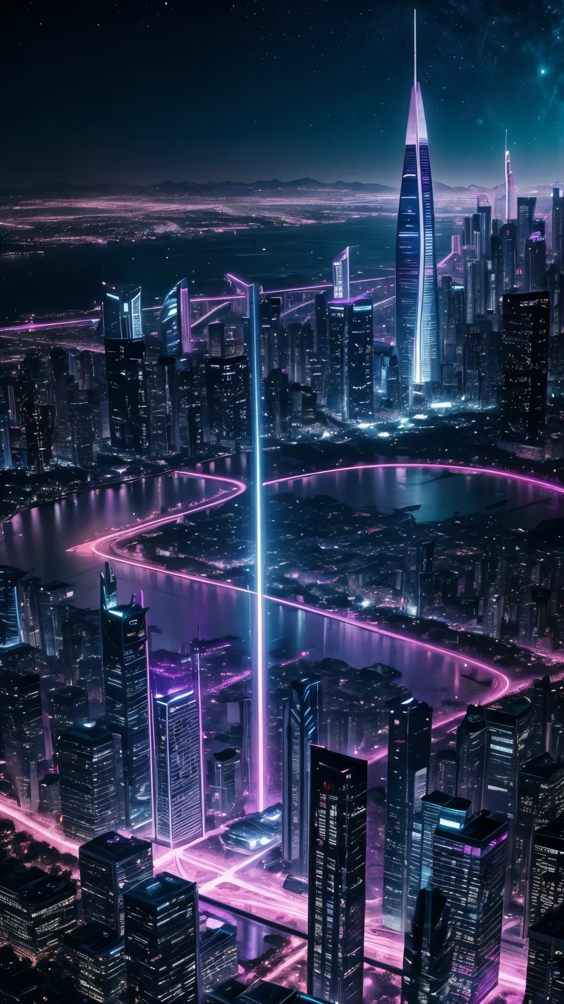 Uma qualidade de imagem ultra-alta、maximum quality、Cidade litoranea do Futuro、ciberpunk、luz vibrante en tons de azul, rosa e roxo、skyscrapers、Nas nuvens、cosmic vision、Mundo SF、sem personagens, view from 300 meters above