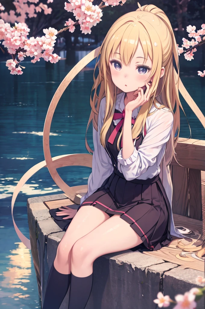 Anime girl sitting on a park bench with cherry blossom trees in the background、(highest quality,4K,8k,High resolution,masterpiece:1.2),Super detailed,(Realistic,Realistic,Photorealistic:1.37),Anime girl in the park,Sit on a bench, Enchanting anime girl, Cute girl with anime visuals, Smooth anime CG art, Top Anime Girl, Long hair blonde anime girl, Beautiful and seductive anime teenager, Attractive anime girl, Anime Style, Anime Goddess, Young woman anime visual, Anime art style on Pixiv, Artwork featuring Pralanli Soru - Pixiv, Vibrant colors, Dynamic Lighting