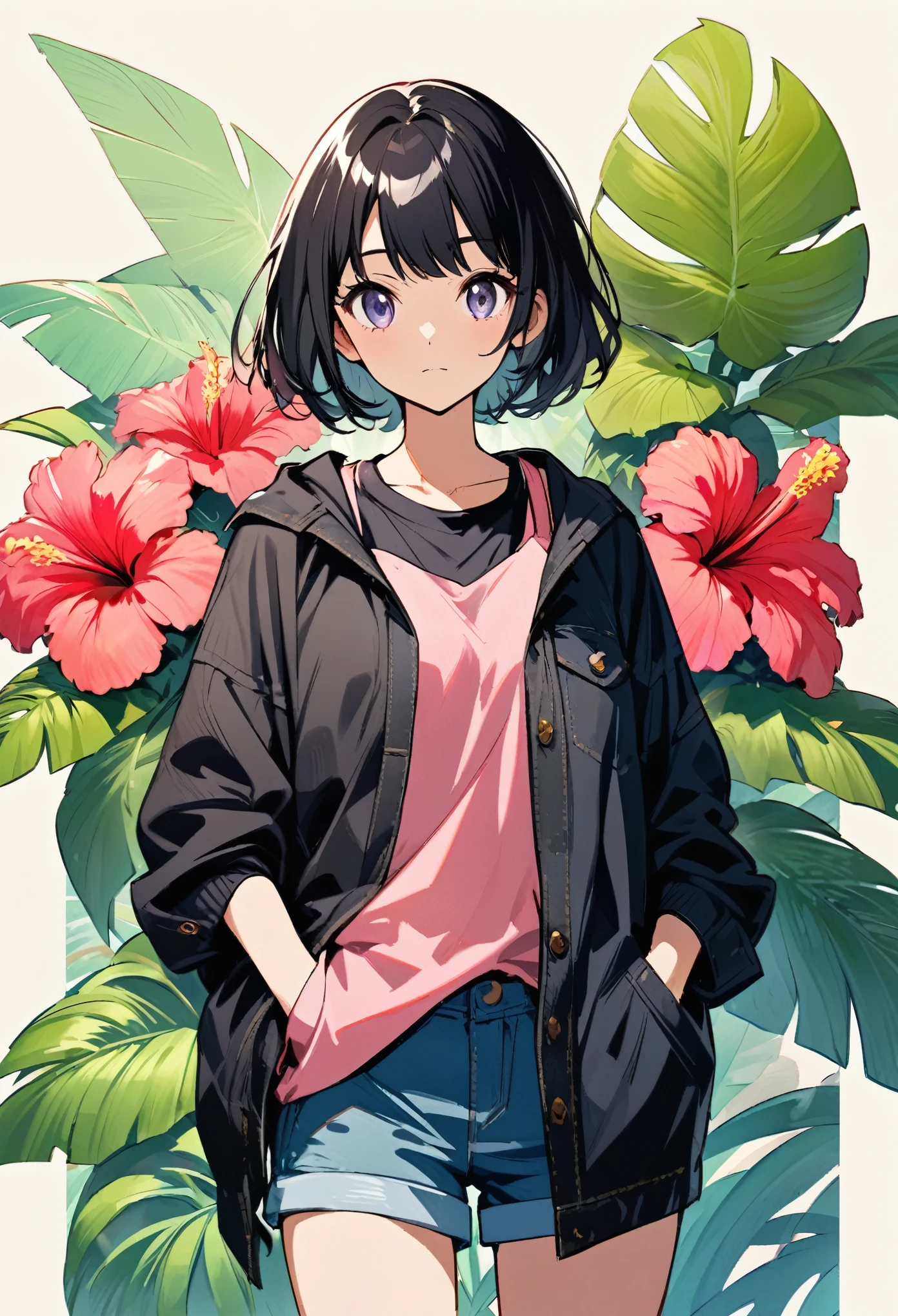 Create an illustration of a person standing in a relaxed posture. She is wearing a black jumper, pink tank top, and denim shorts, with her hands lightly in her pockets. The background depicts tropical plants with large leaves, including a hibiscus. The background is reminiscent of the seaside. The overall aesthetic is vibrant with colors, with detailed shading adding depth and texture to clothing and plants.