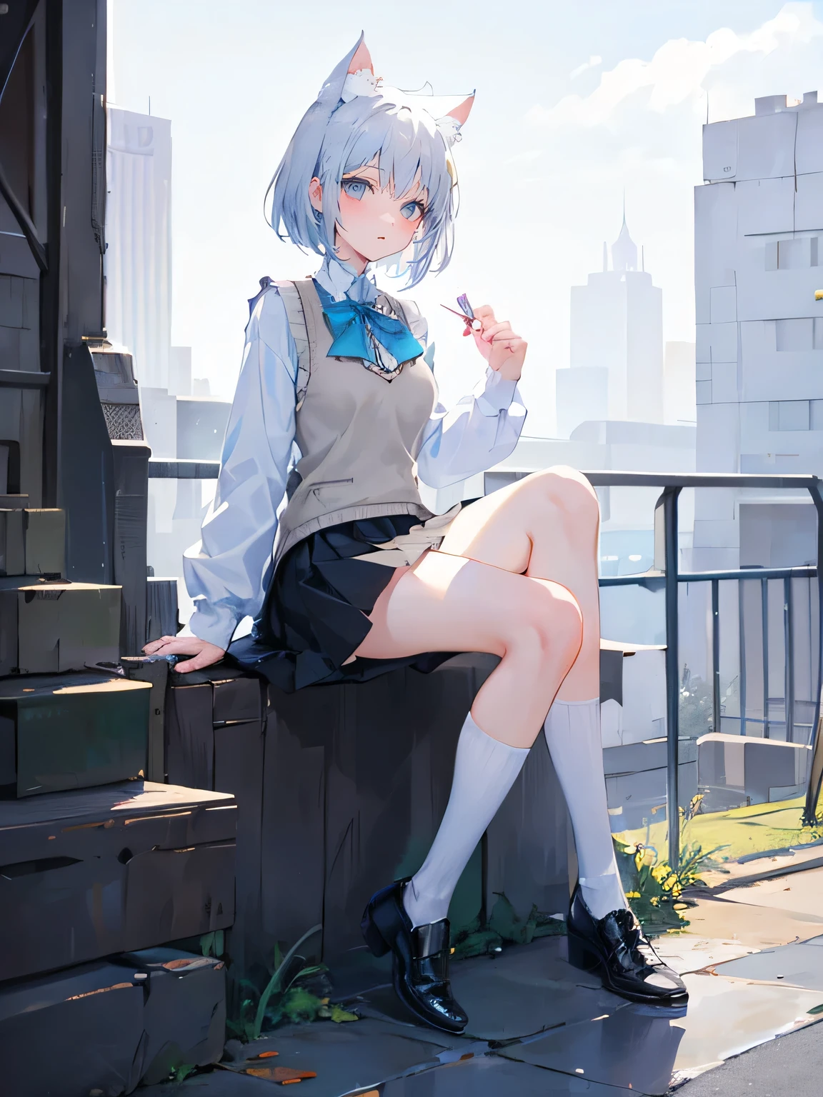 white short hair, cat ears, grey vest, white sweater, black ruffle skirt, cute girl, background, full body, pastel blue, sitting