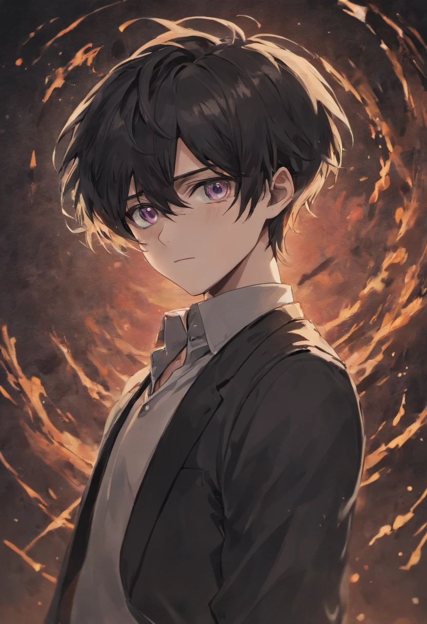 anime teen male, average looking face, black vest, white shirt, black eye, short black hair, novel illustration, dark fantasy, full body, bloody moon sky