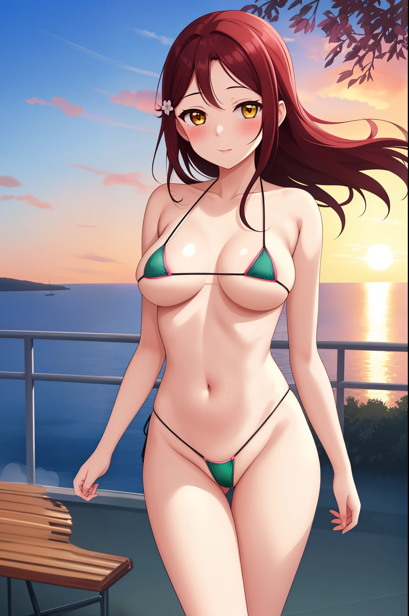 Masterpiece,best quality, cowboy shot,looking at viewer,Sakurauchi riko, floating long hair, blush, breasts,love scene, (high-leg micro bikini:1.2),thicc thighs ,sea in background, sunset time , big breasts, covered pussy 