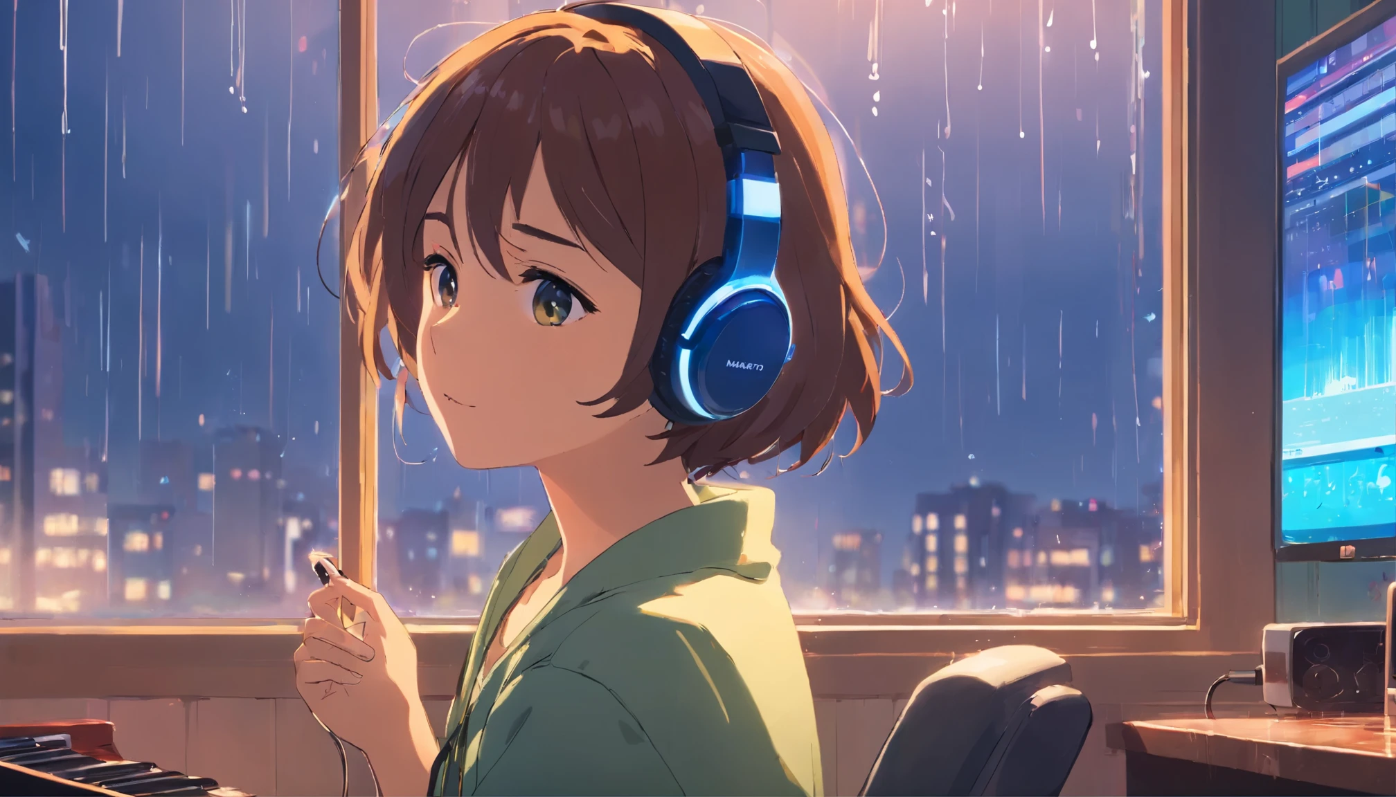 Girl listening to music with headset,She is wearing American clothes, Rain on the window. wallpaper