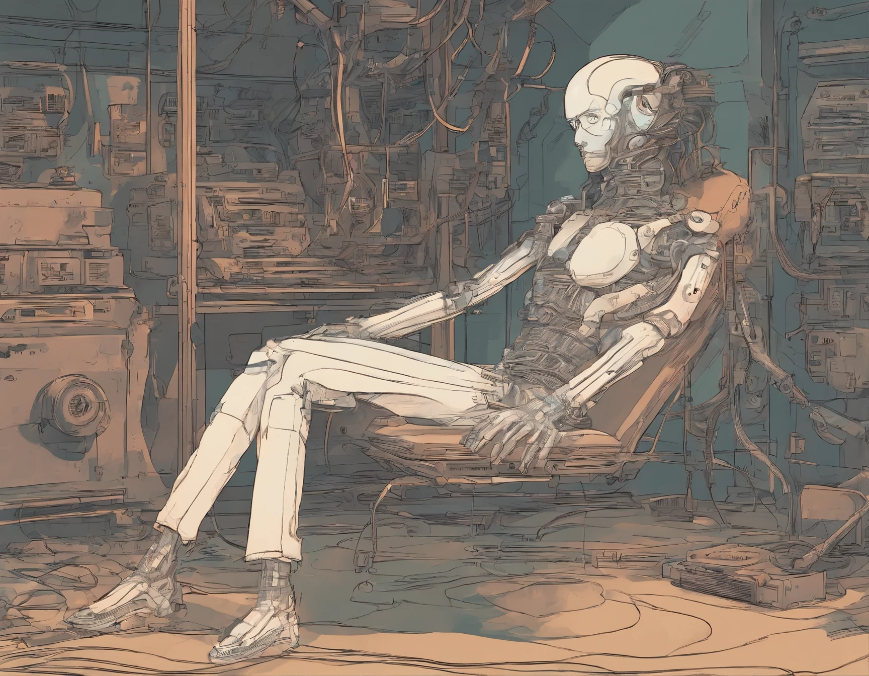 1980s anime, [a man is laying down in a seat with wires and mechanical gears attached to his body, he is maintained alive due to those wires and tubes, inspired by Moebius, in the style of futurism grotesque, exaggerated facial features, focus stacking, Jean Giraud, comic art, schizocore, radical inventions, violent, salvagepunk, dynamic graphic novel, photorealistic scenes, detailed comic book art, cartoonish lines, rtx on, captivating figures, high-contrast shading, hyper-detailed, chiaroscuro mastery, trompe-l’oeil illusionistic detail, full body intensity cinematic, epic realism,8K, highly detailed], retro fashion, muted pastel colors, washed out colors, cozy atmosphere, detailed facial features