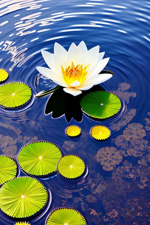 Glowing flower floating on water surrounded by lily pads 