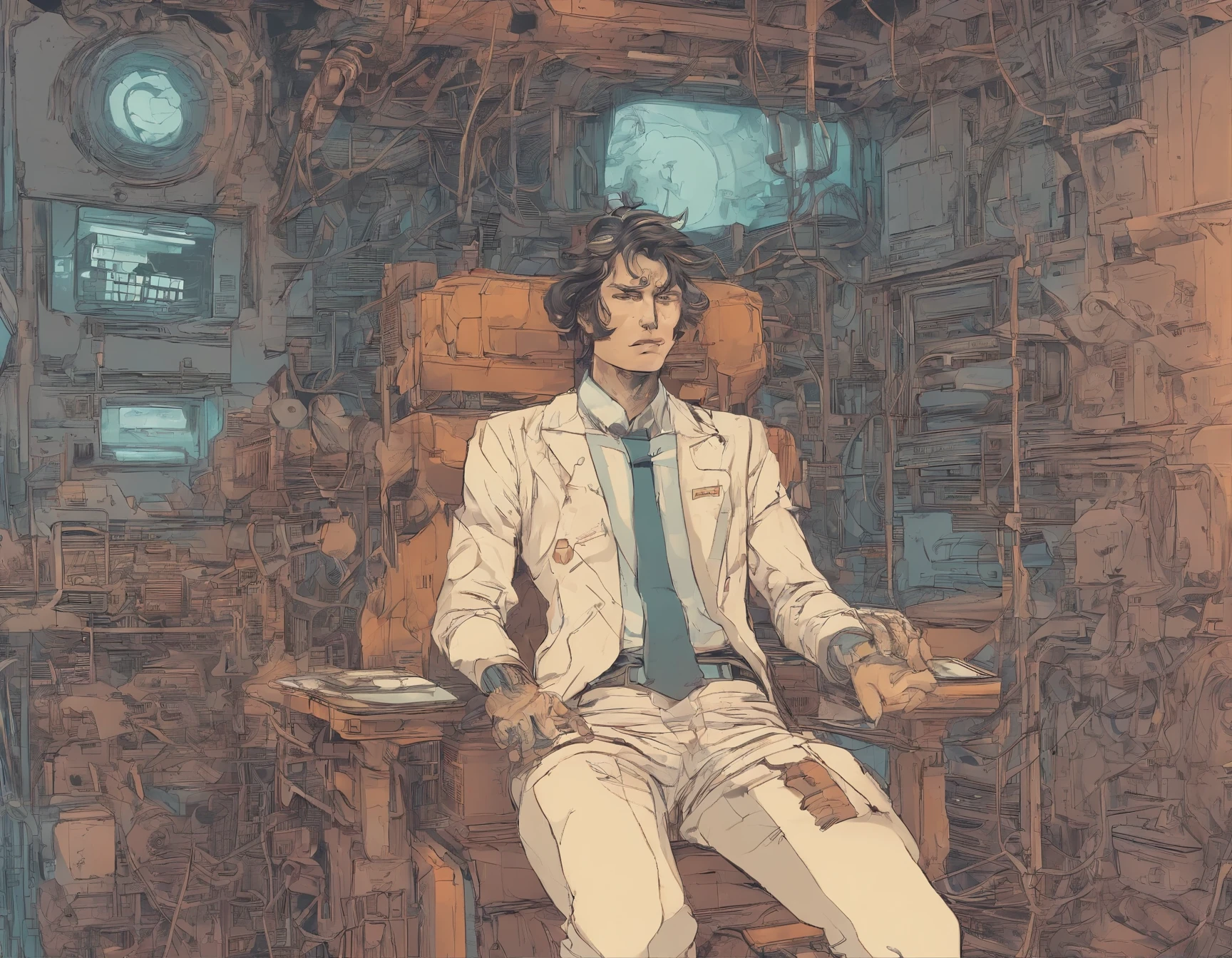 1980s anime, [a man is laying down in a seat with wires and mechanical gears attached to his body, he is maintained alive due to those wires and tubes, inspired by Moebius, in the style of futurism grotesque, exaggerated facial features, focus stacking, Jean Giraud, comic art, schizocore, radical inventions, violent, salvagepunk, dynamic graphic novel, photorealistic scenes, detailed comic book art, cartoonish lines, rtx on, captivating figures, high-contrast shading, hyper-detailed, chiaroscuro mastery, trompe-l’oeil illusionistic detail, full body intensity cinematic, epic realism,8K, highly detailed], retro fashion, muted pastel colors, washed out colors, cozy atmosphere, detailed facial features