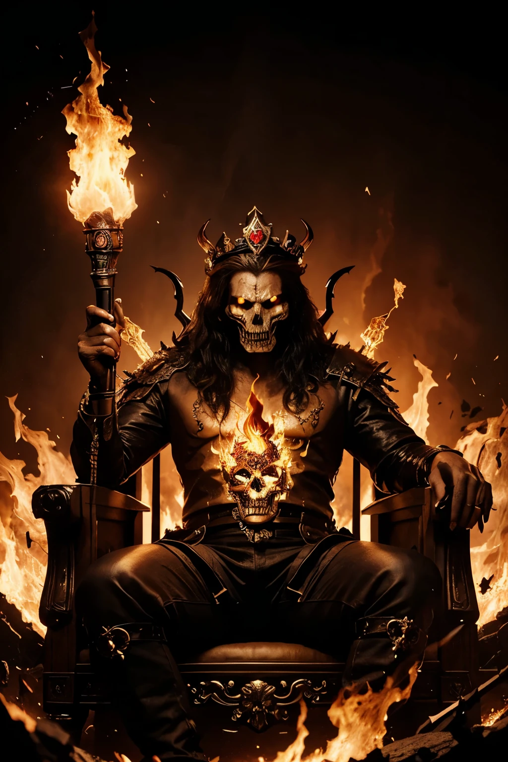 A striking logo com muitos detalhes , of a skull-turned-monster demon with fiery eyes, designed in a king-like style. The demon wears a regal crown and holds a staff, sitting on a majestic throne. The design is credited to Payet-GM, with the name written in flames in a 3D, fiery font. Surrounding the logo are impressive 3D flame effects and sparkles, creating a mesmerizing visual impact.